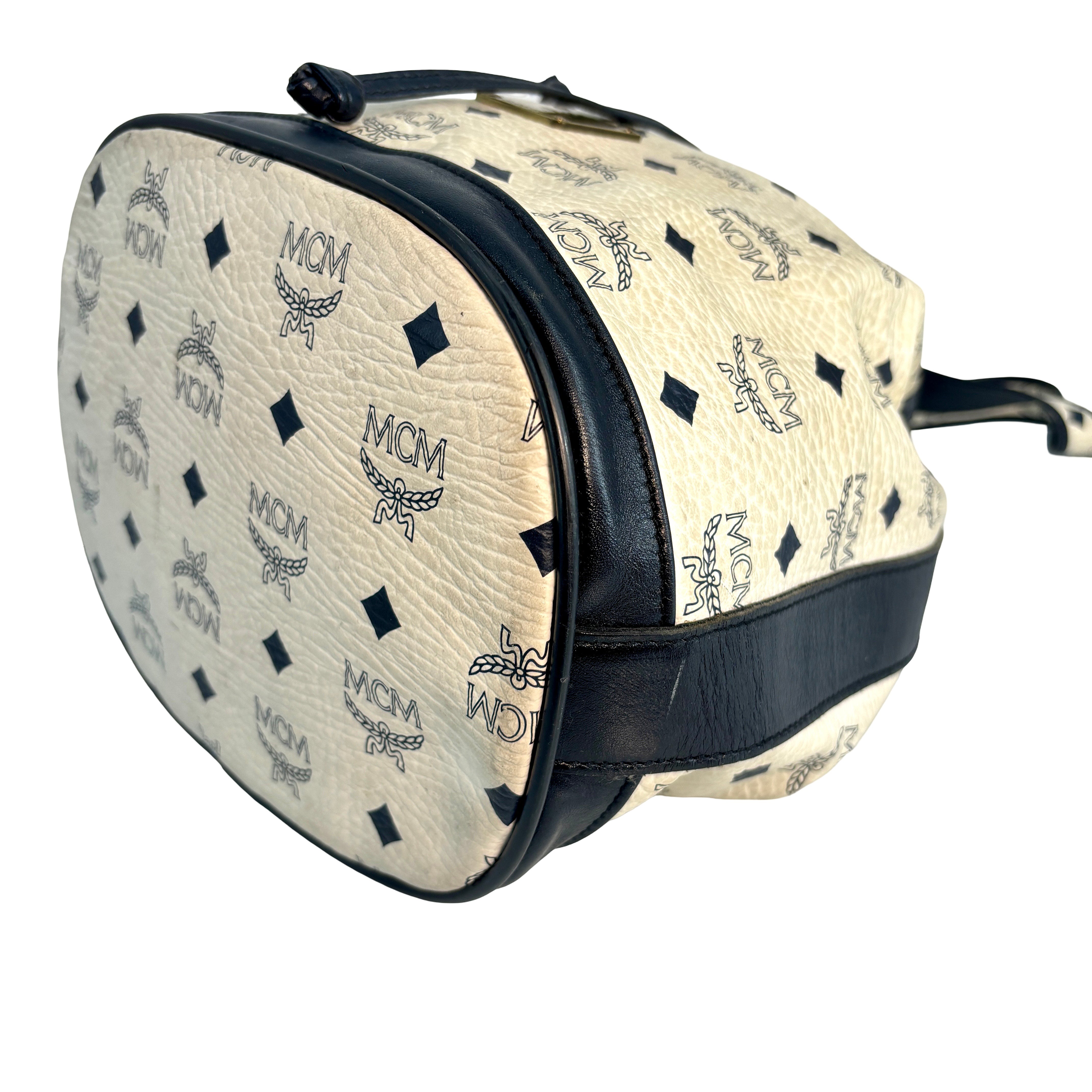 MCM Bucket Drawstring Bag White Visetos Monogram