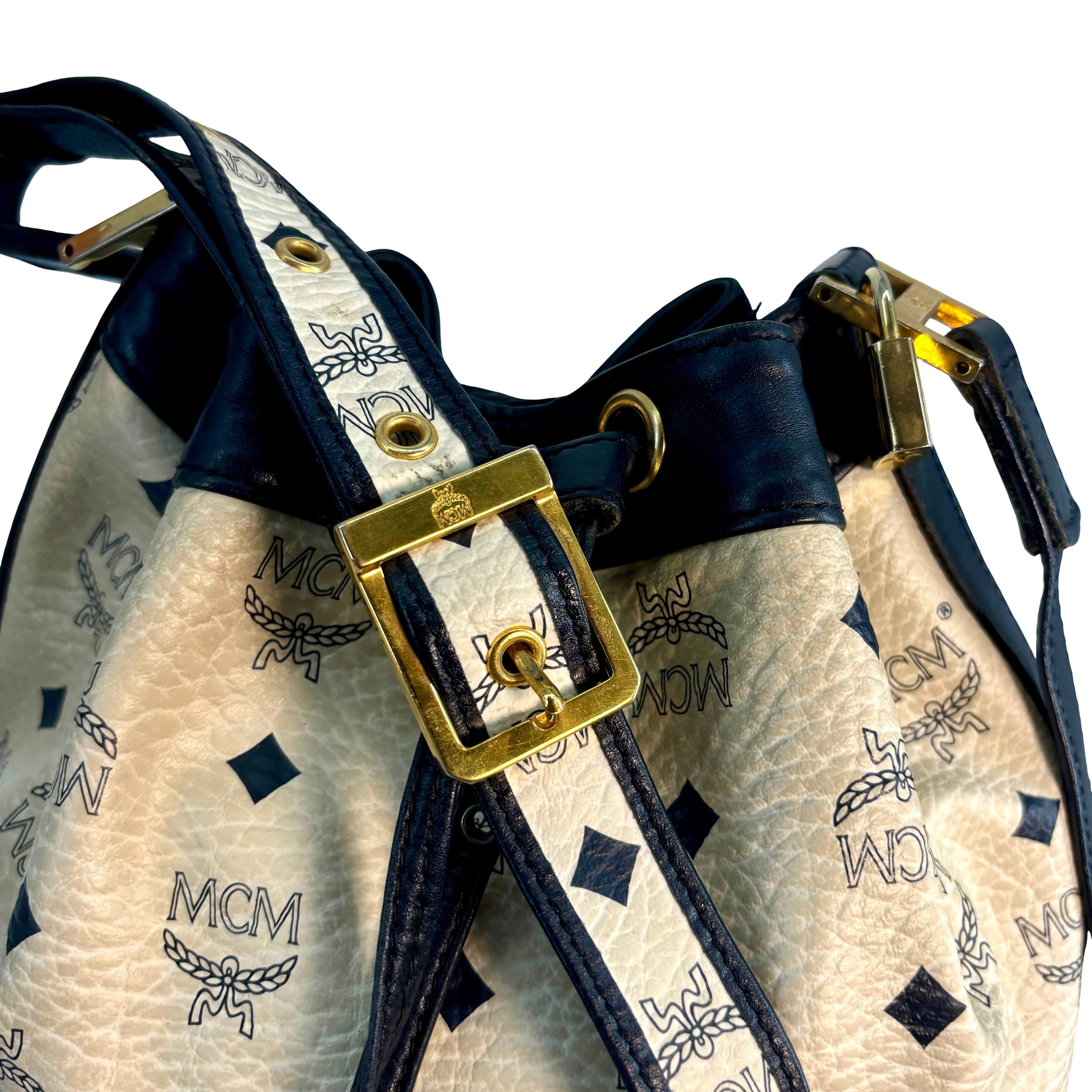 MCM Bucket Drawstring Bag White Visetos Monogram