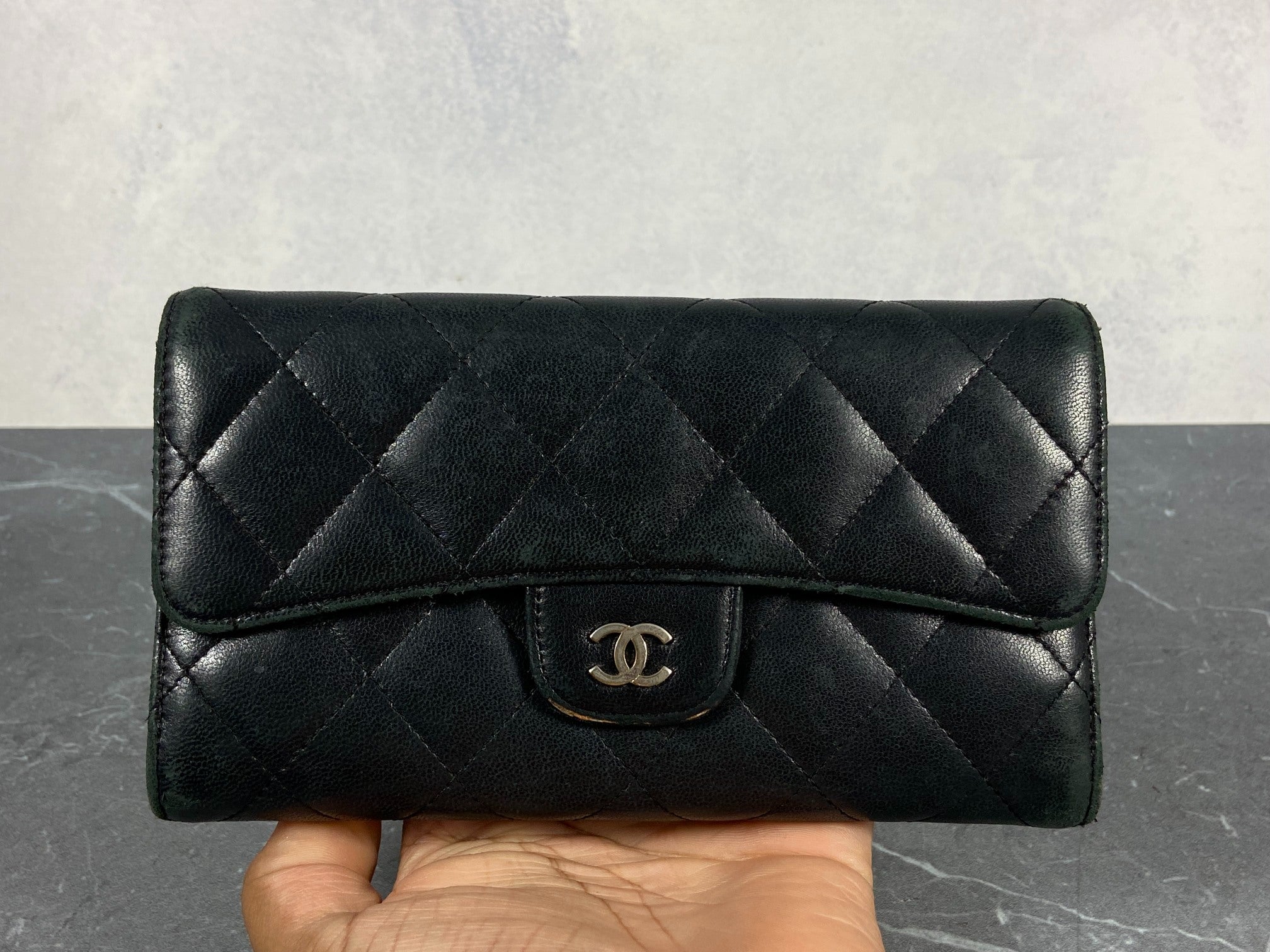 Chanel Timeless / Classic Matelasse Flap Wallet Black Leather
