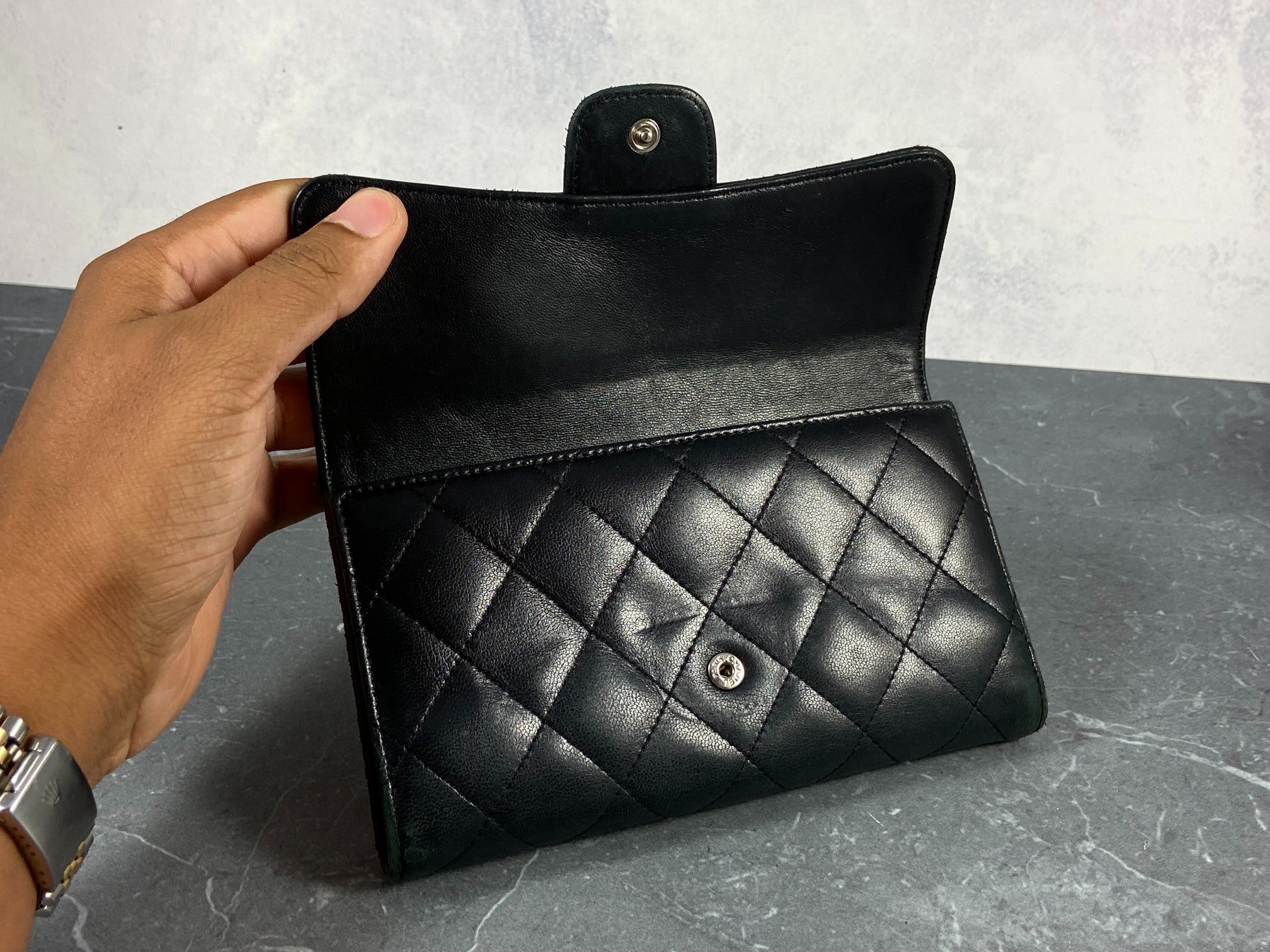 Chanel Timeless / Classic Matelasse Flap Wallet Black Leather