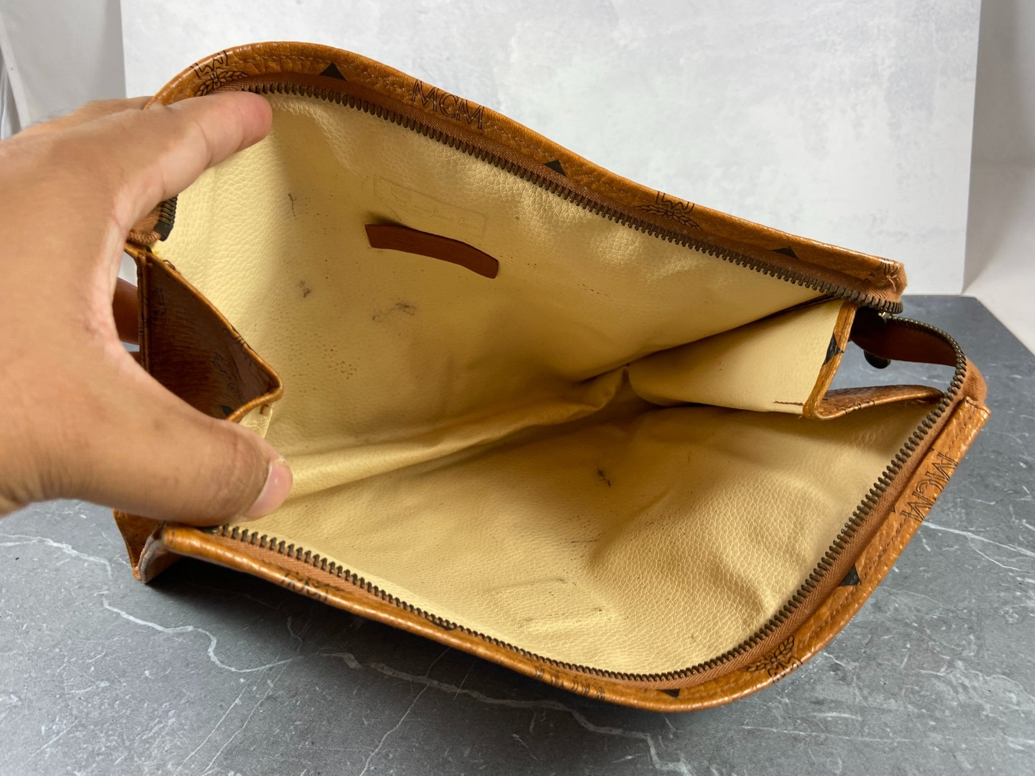 MCM Toiletry Pouch Beige Visetos Cognac Monogram