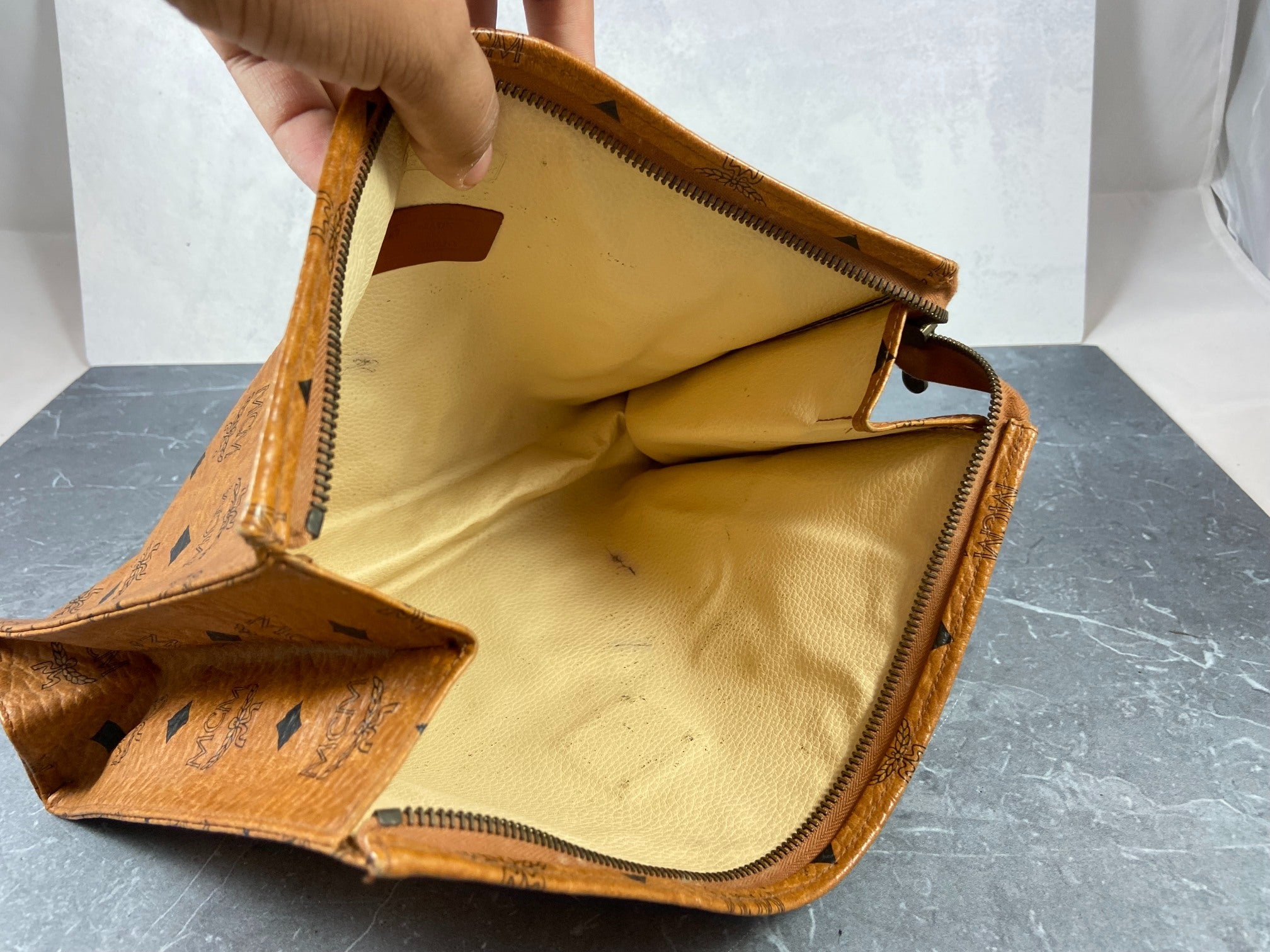 MCM Toiletry Pouch Beige Visetos Cognac Monogram