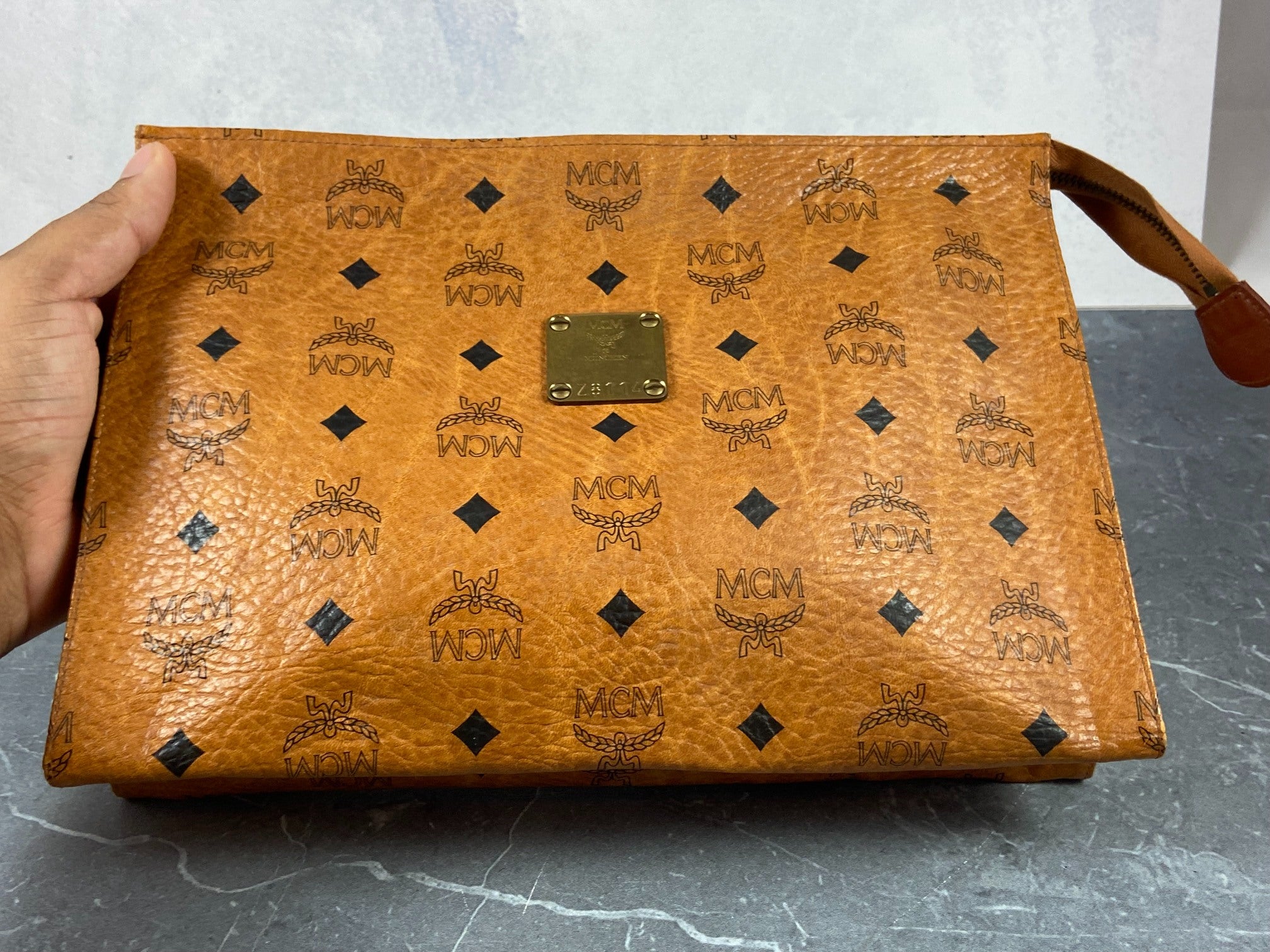 MCM Toiletry Pouch Beige Visetos Cognac Monogram