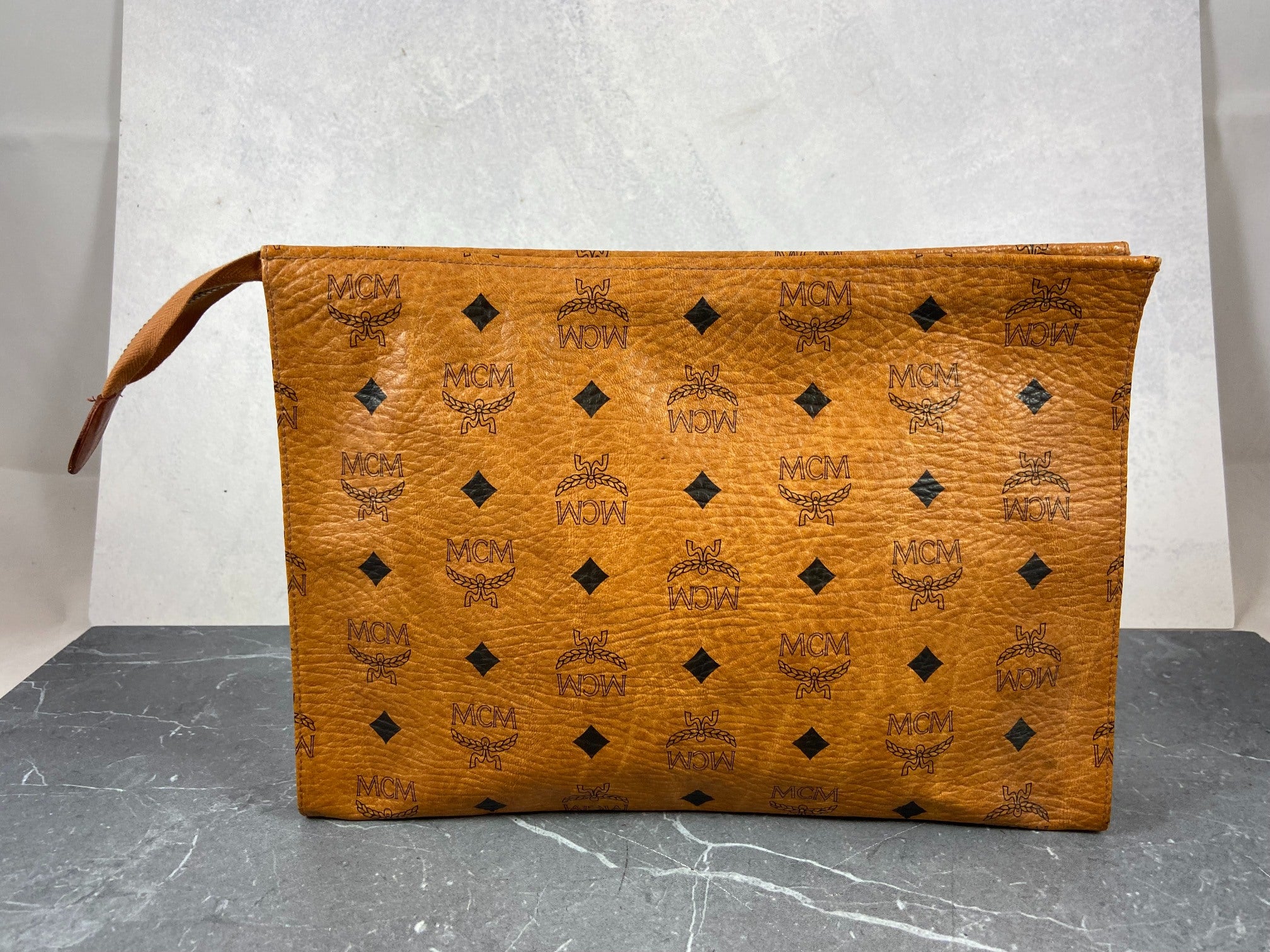 MCM Toiletry Pouch Beige Visetos Cognac Monogram