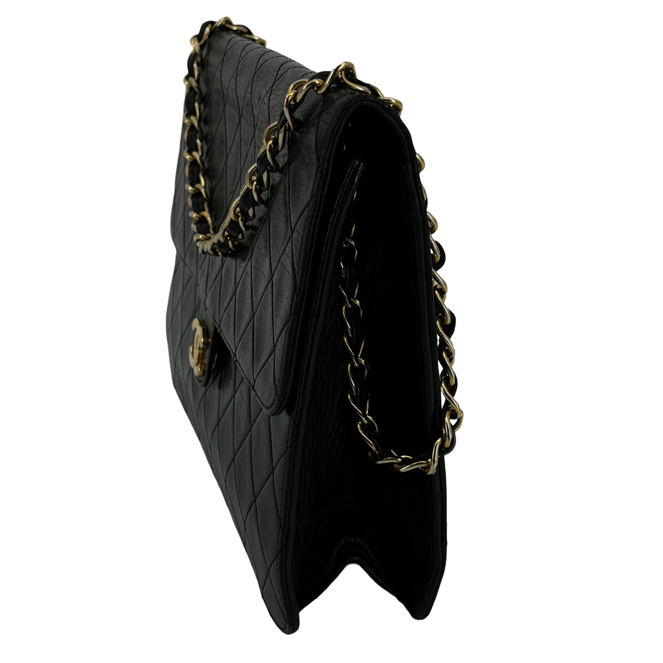 Chanel Single Flap Bag Push-Lock Black Matelassé Leather incl. Dustbag