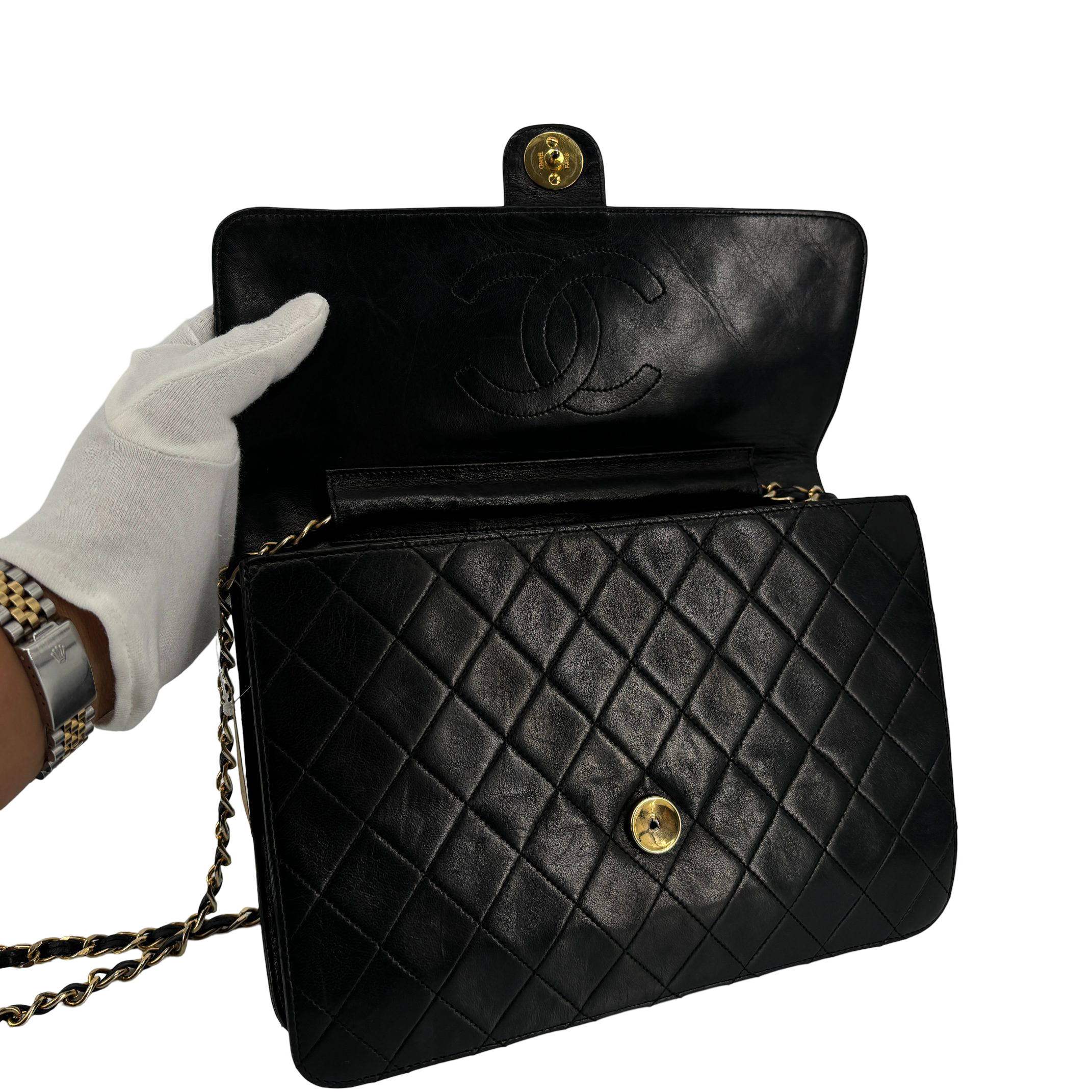 Chanel Single Flap Bag Push-Lock Black Matelassé Leather incl. Dustbag