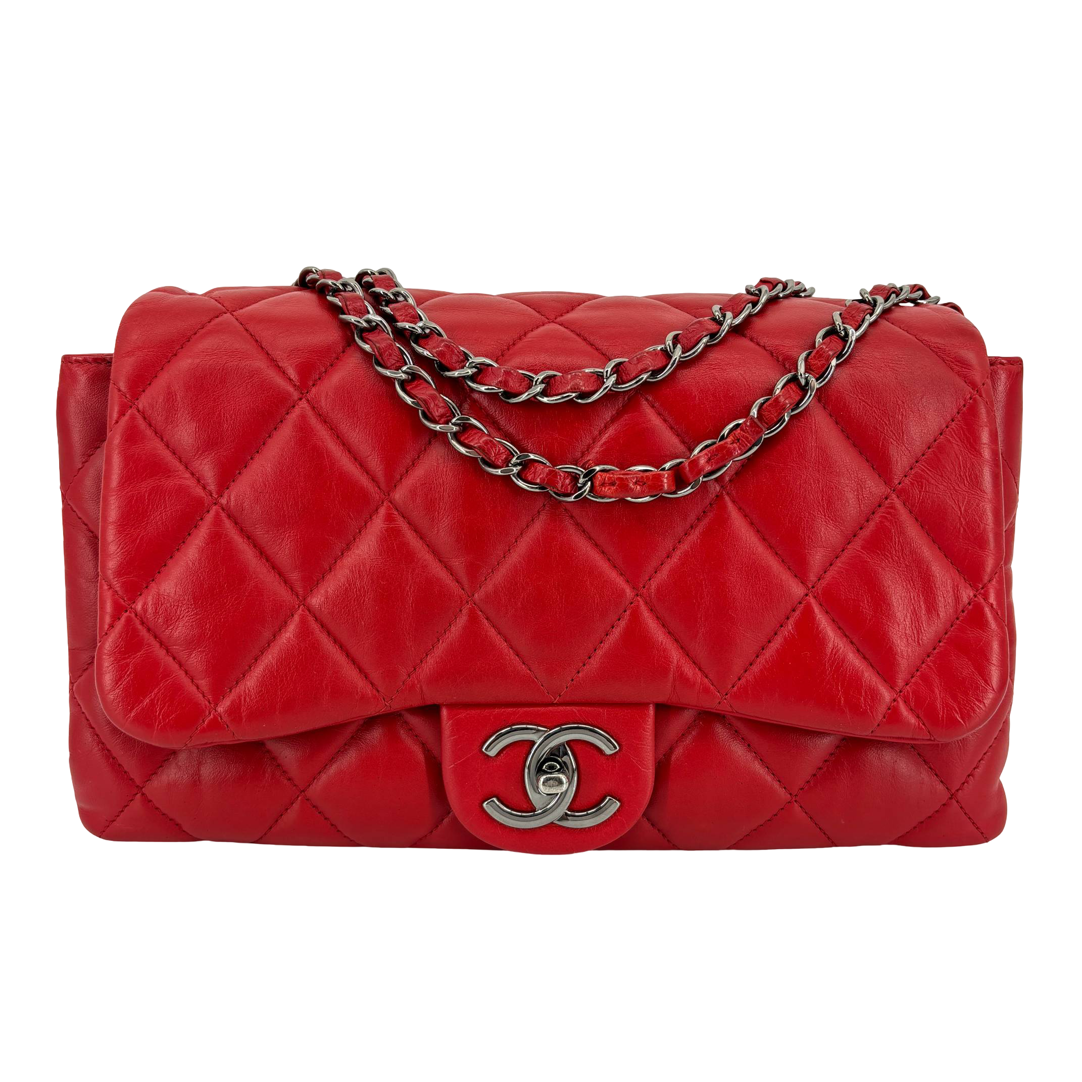 Chanel Accordion Single Flap Bag Red Matelassé Leather
