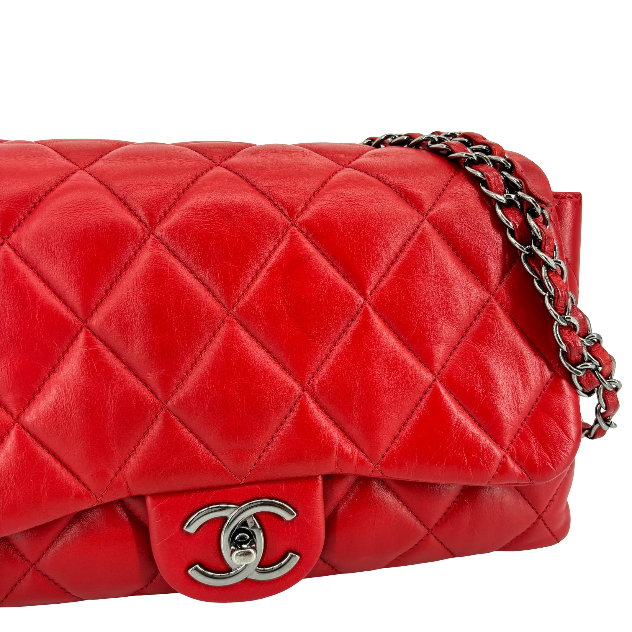 Chanel Accordion Single Flap Bag Red Matelassé Leather