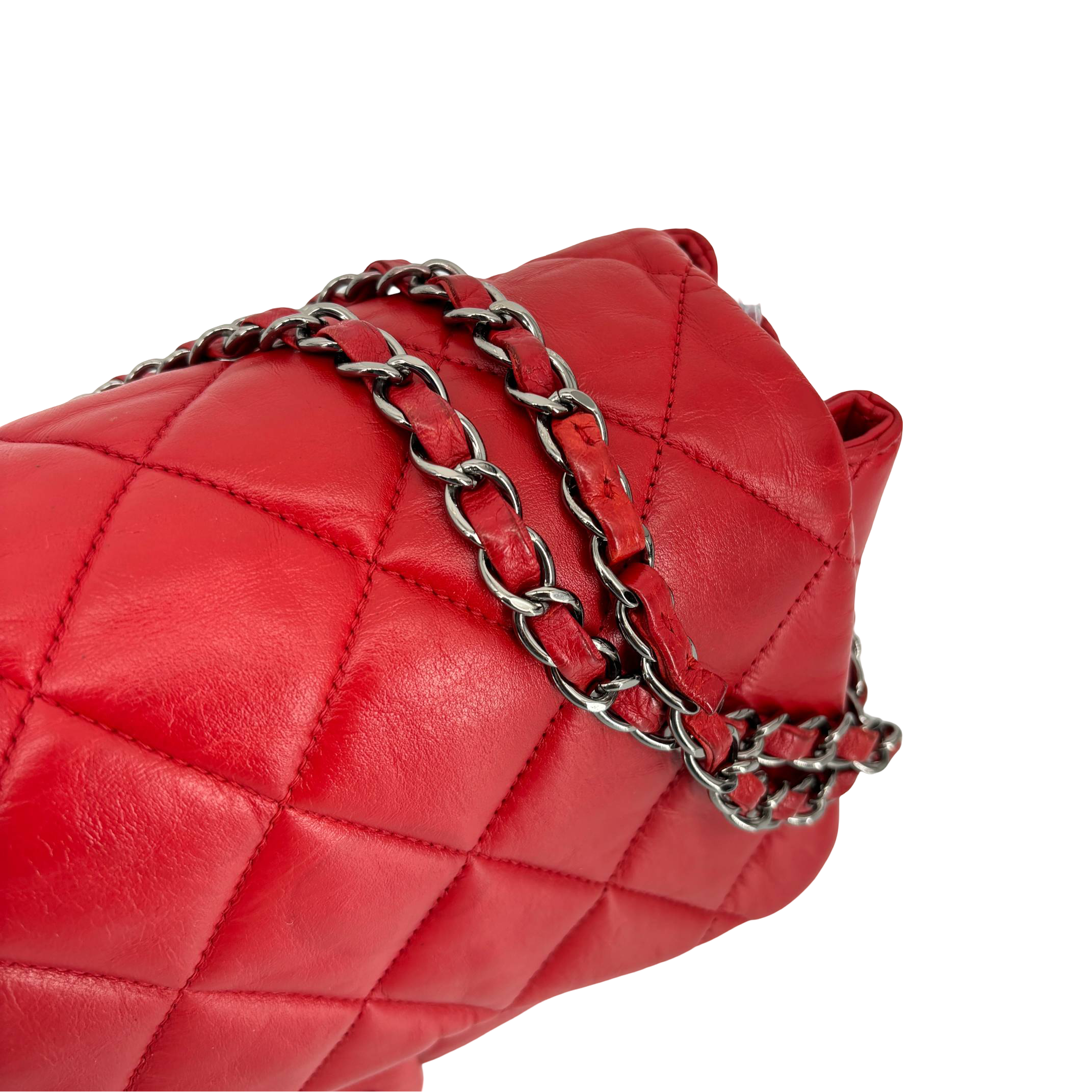 Chanel Accordion Single Flap Bag Red Matelassé Leather