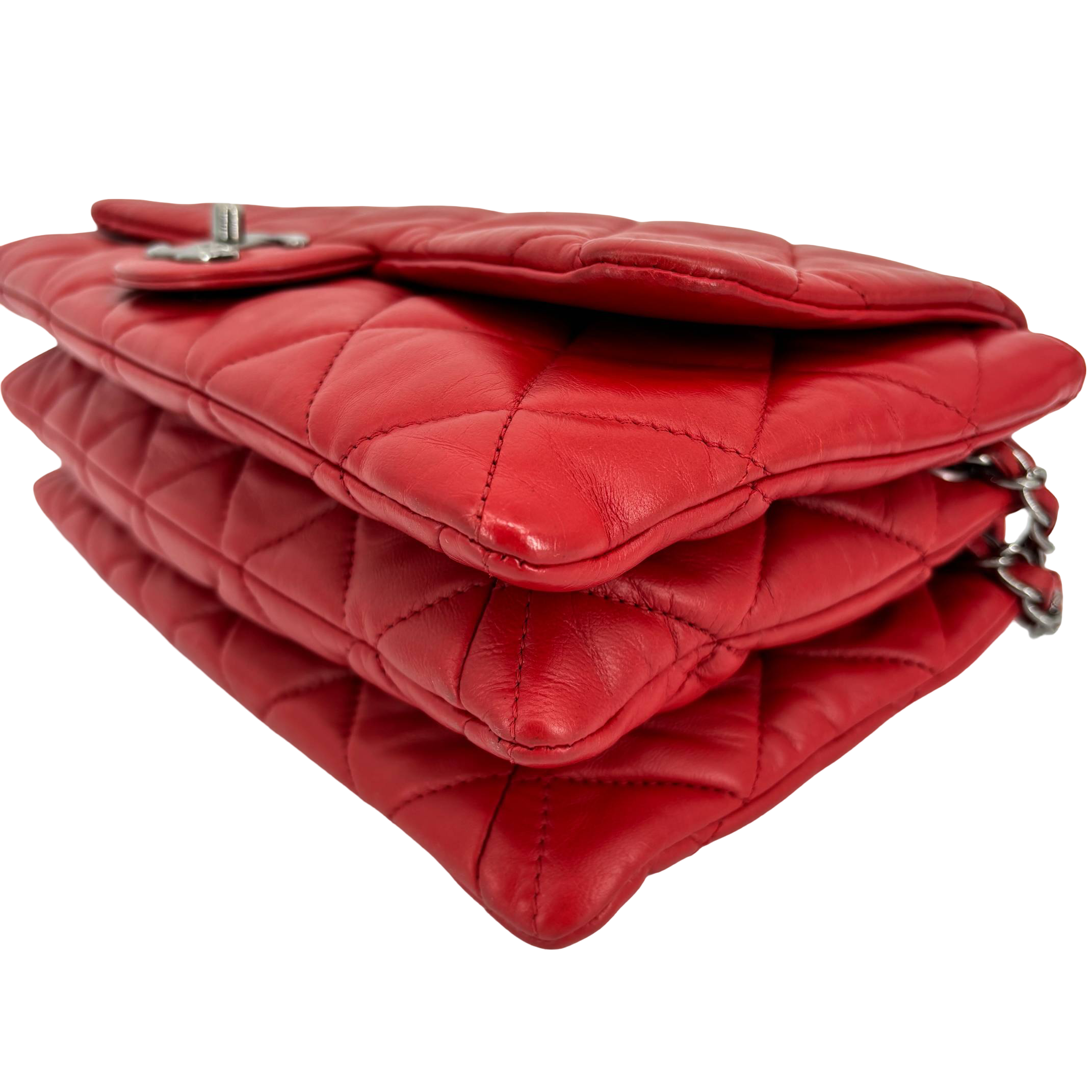 Chanel Accordion Single Flap Bag Red Matelassé Leather