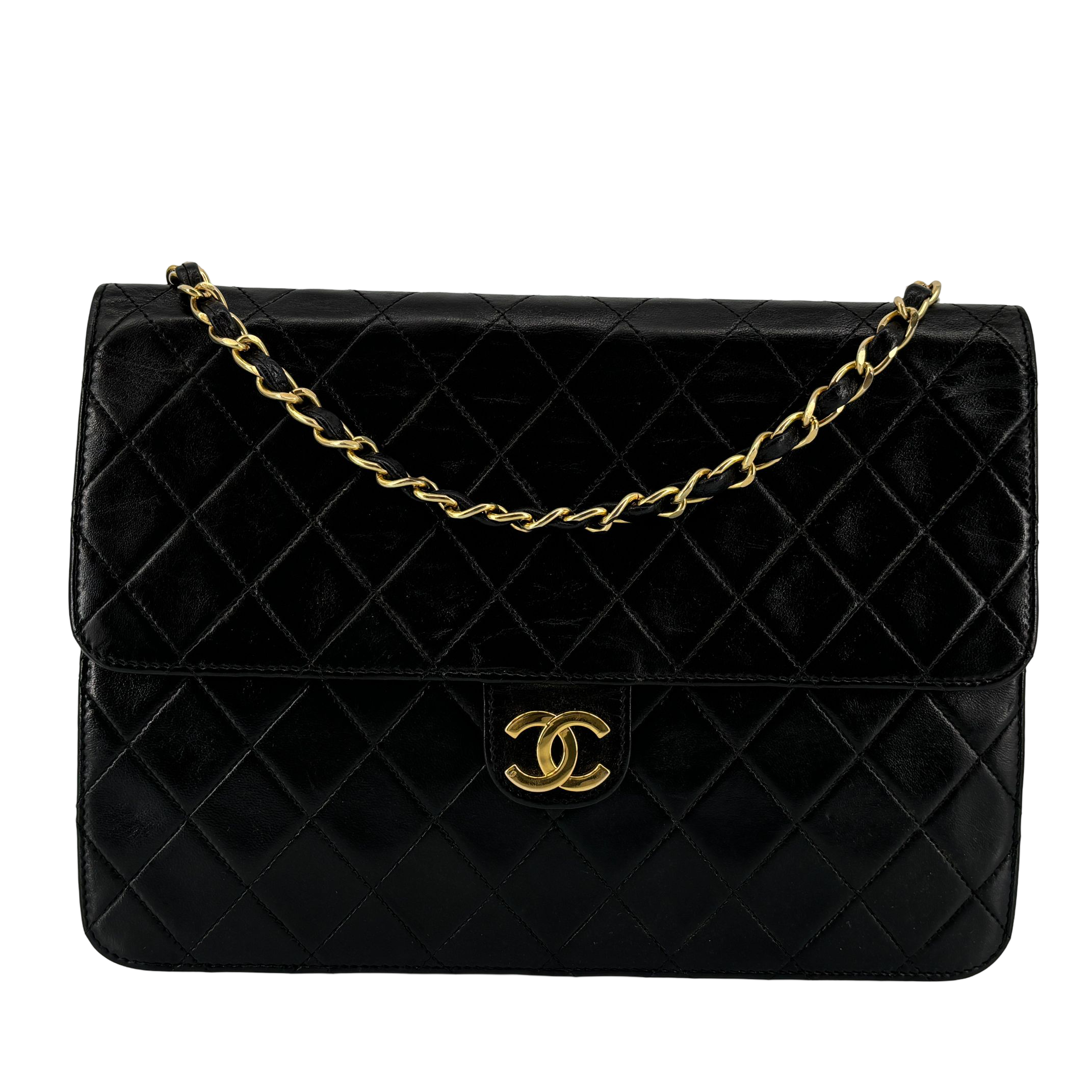 Chanel Single Flap Bag Push-Lock Black Matelassé Leather incl. Box