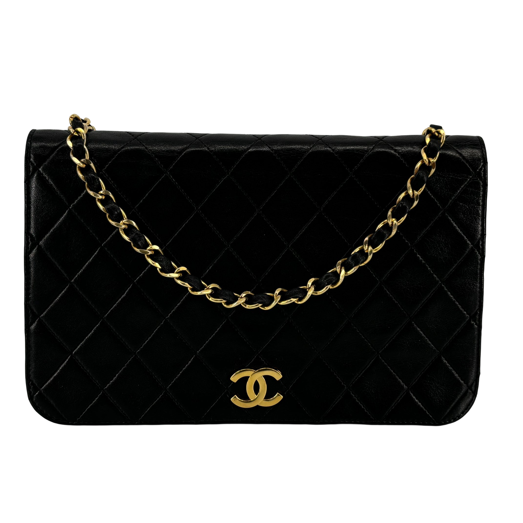 Chanel Full Flap Bag Push-Lock Black Matelassé Leather