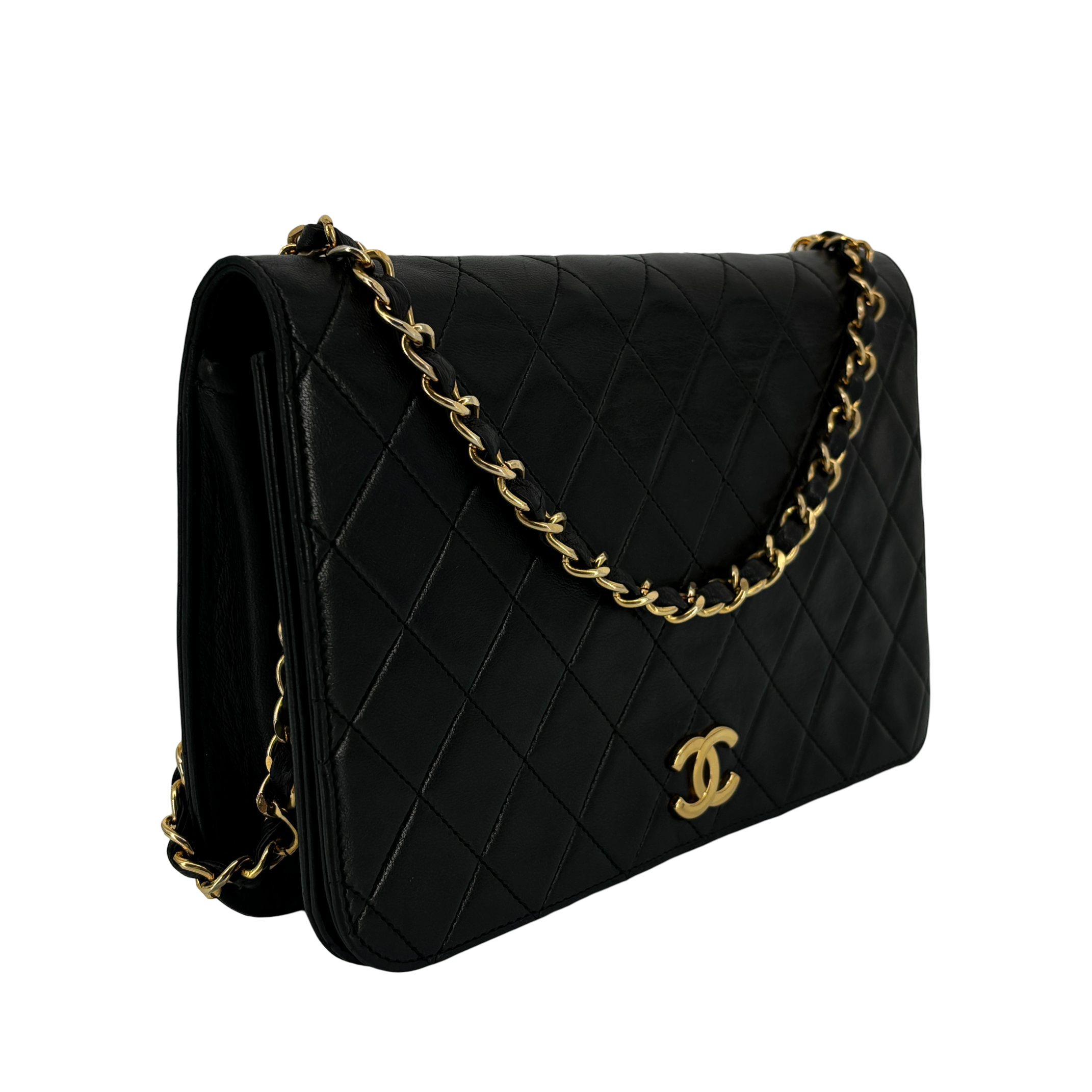 Chanel Full Flap Bag Push-Lock Black Matelassé Leather
