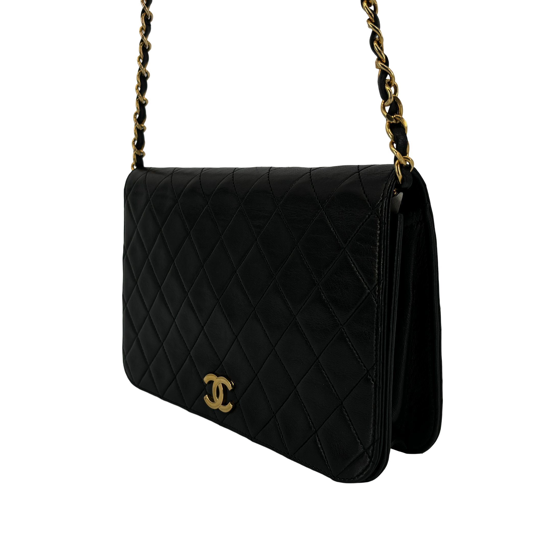 Chanel Full Flap Bag Push-Lock Black Matelassé Leather