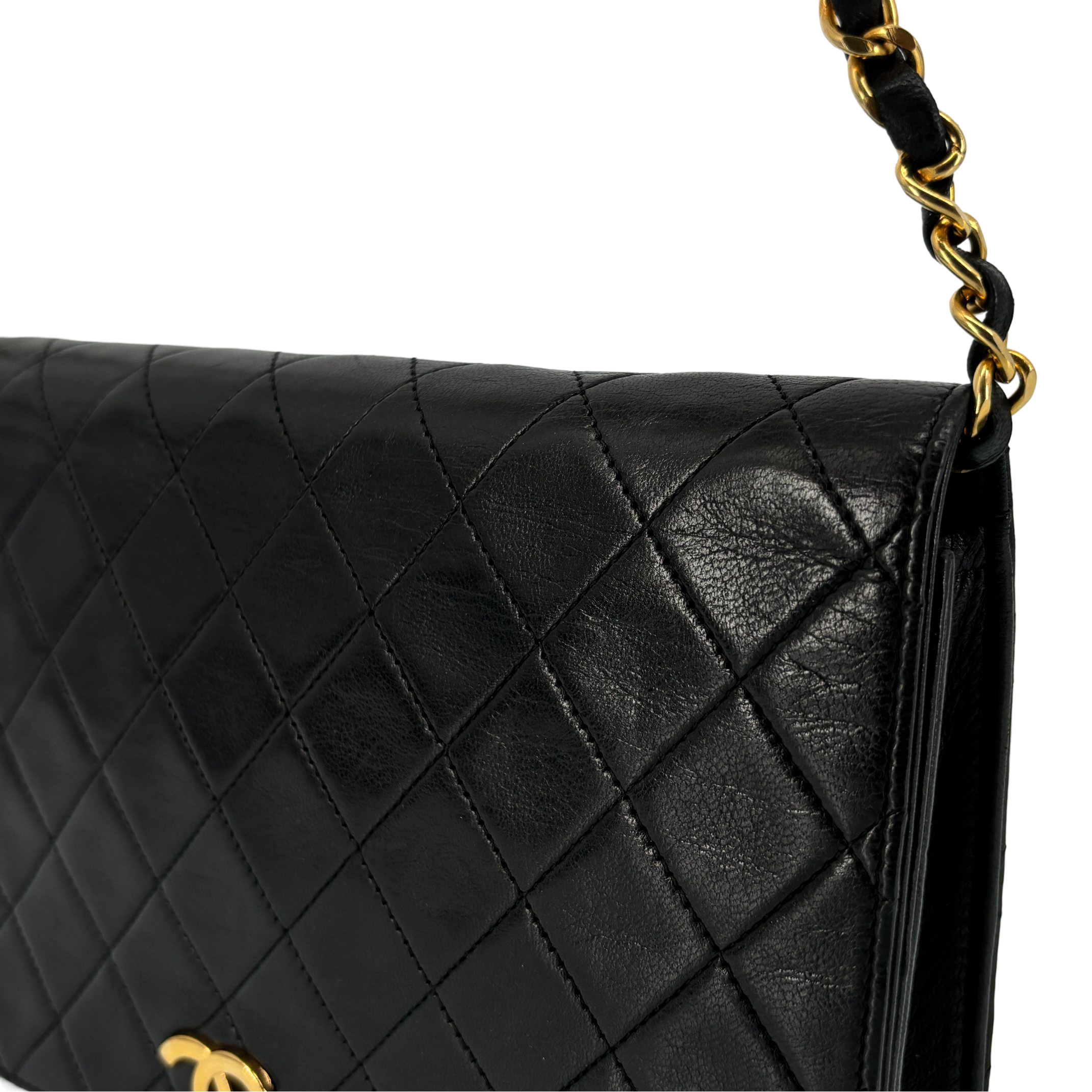 Chanel Full Flap Bag Push-Lock Black Matelassé Leather