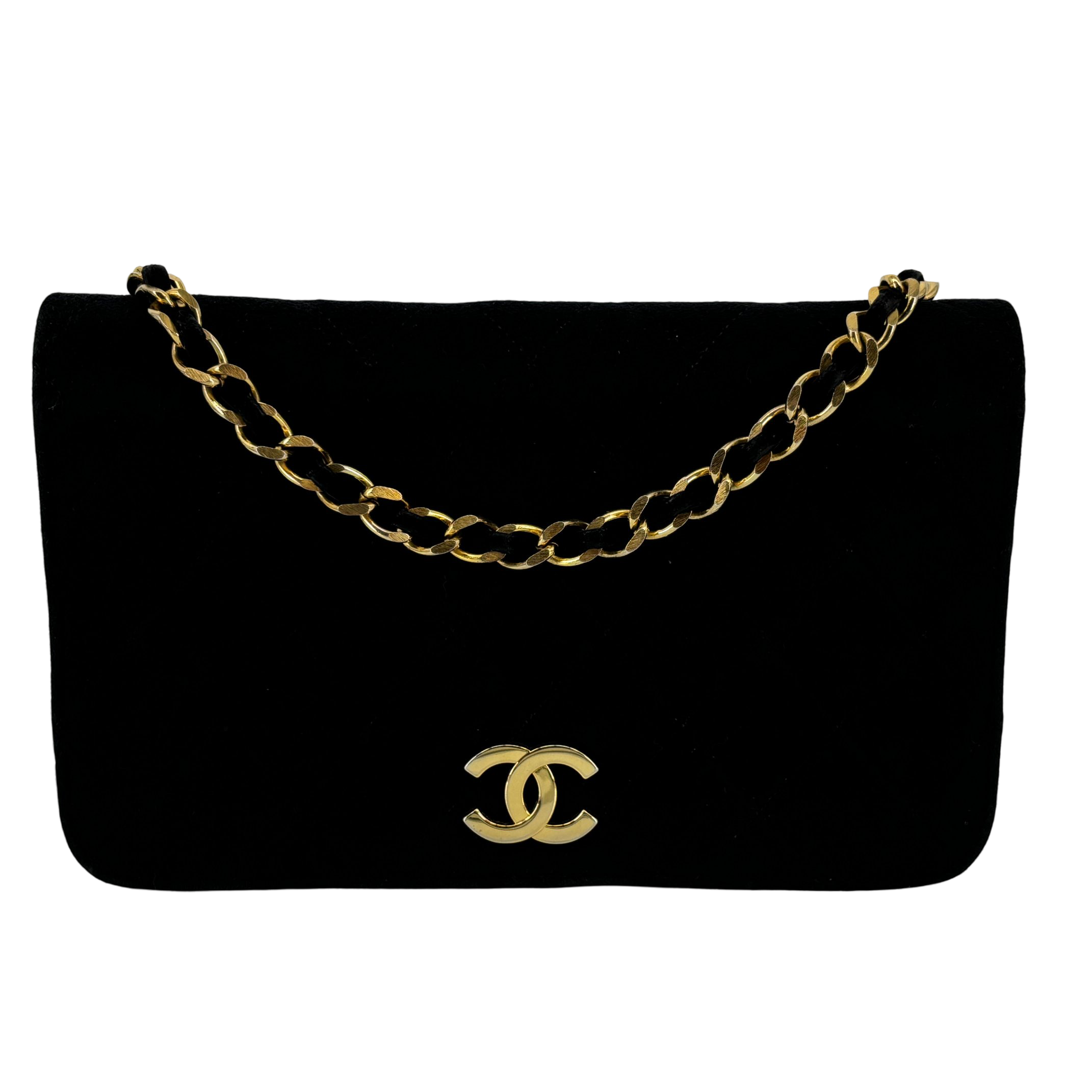 Chanel Full Flap Bag Push-Lock Navy Matelassé Velvet