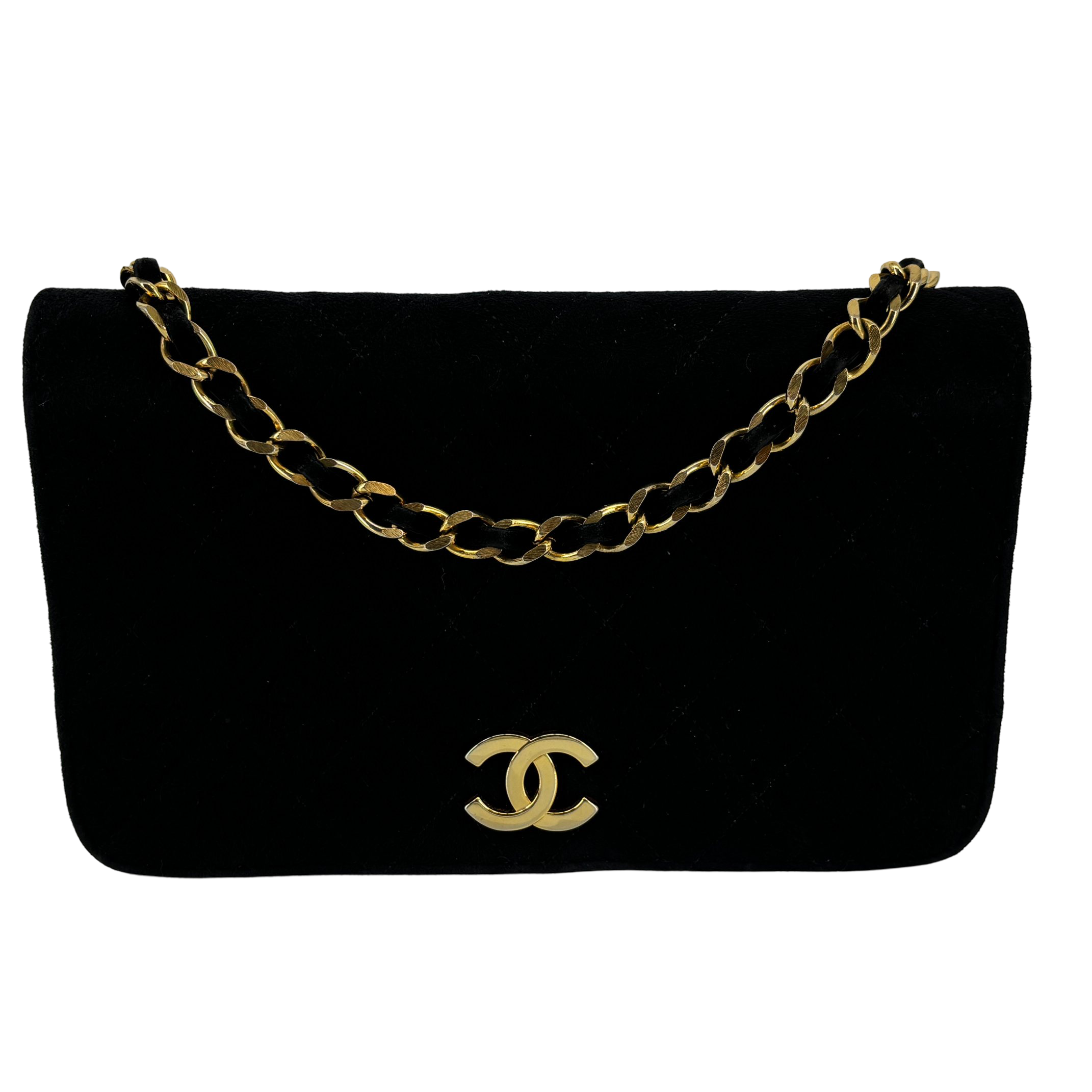 Chanel Full Flap Bag Push-Lock Navy Matelassé Velvet
