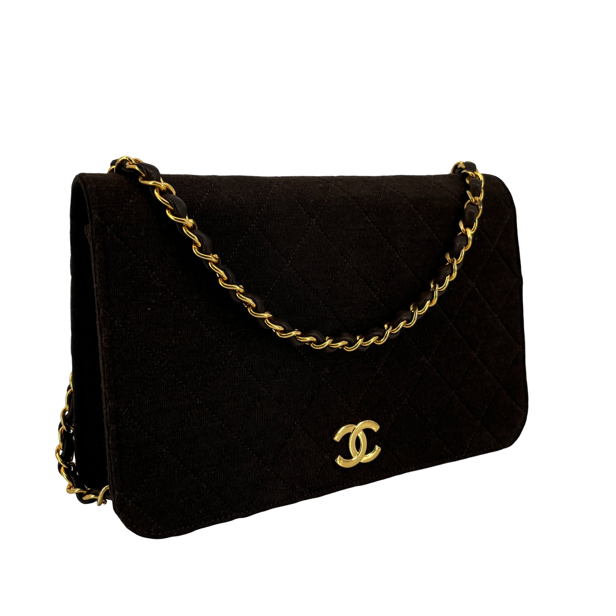 Chanel Full Flap Bag Push-Lock Brown Matelassé Jersey