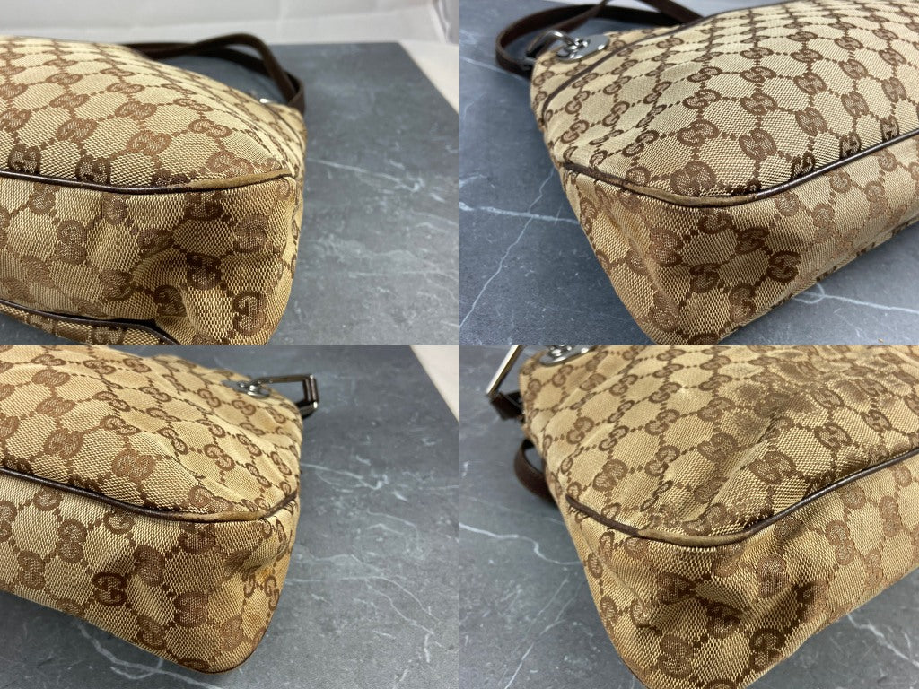 Gucci Hand / Hobo Bag Beige GG Monogram + Brown Leather