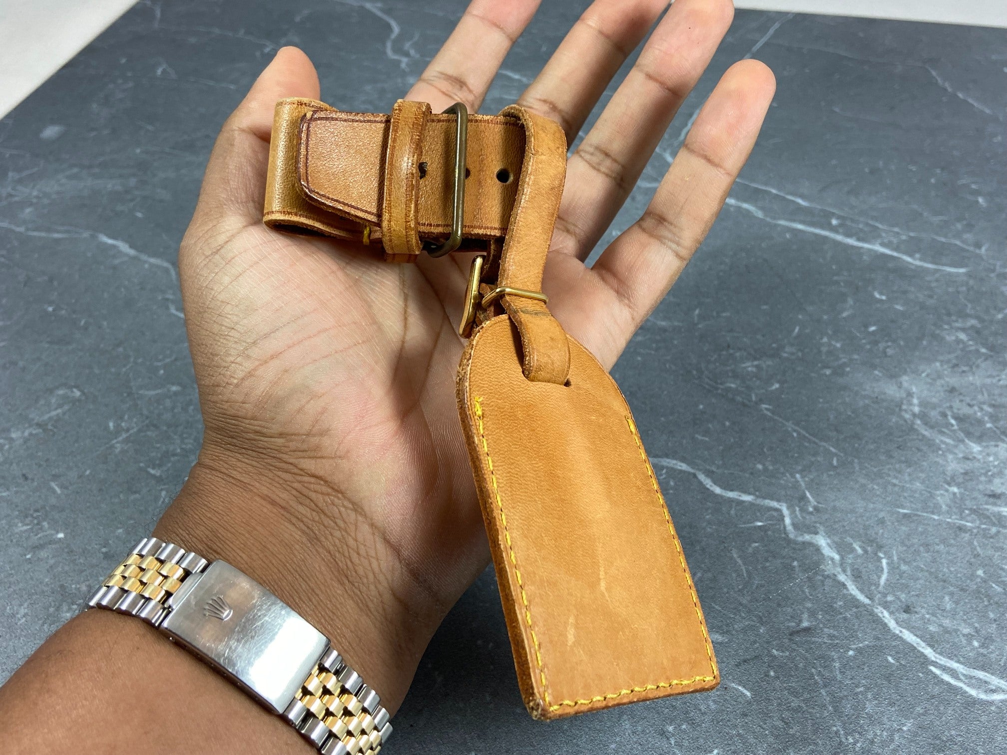 Louis Vuitton Luggage Tag & Handle Belt Beige Vachetta Leather