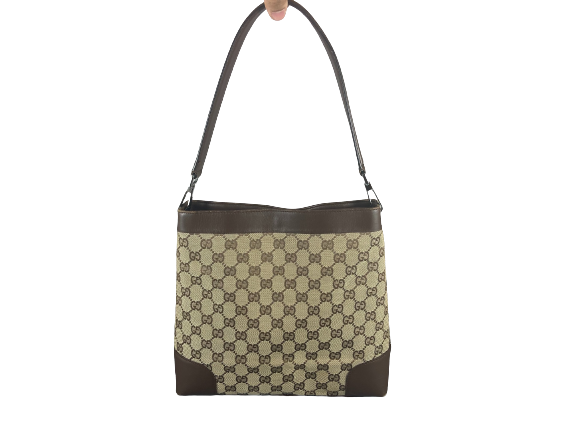 Gucci Hand / Hobo Bag Beige GG Monogram + Brown Leather