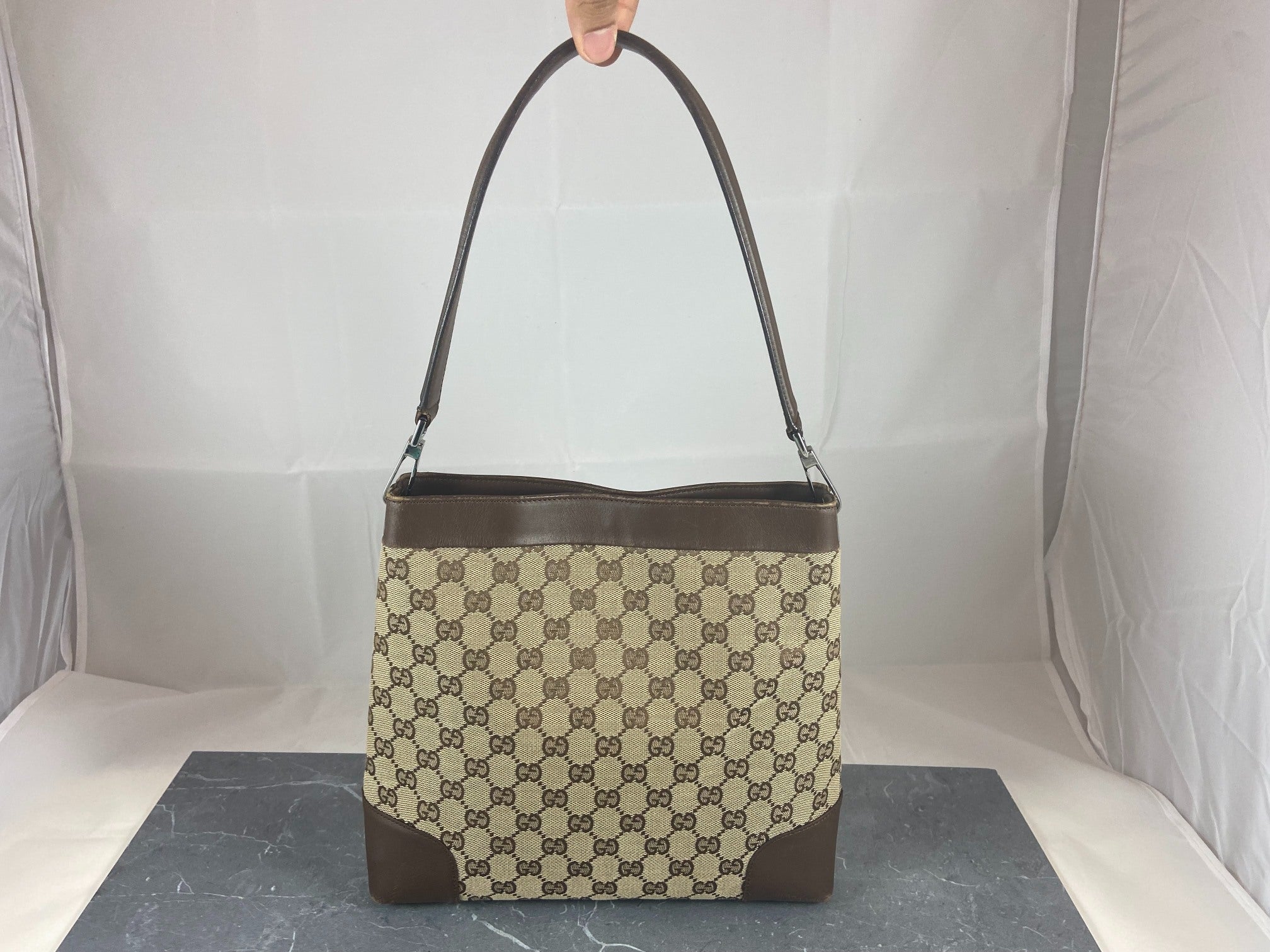 Gucci Hand / Hobo Bag Beige GG Monogram + Brown Leather