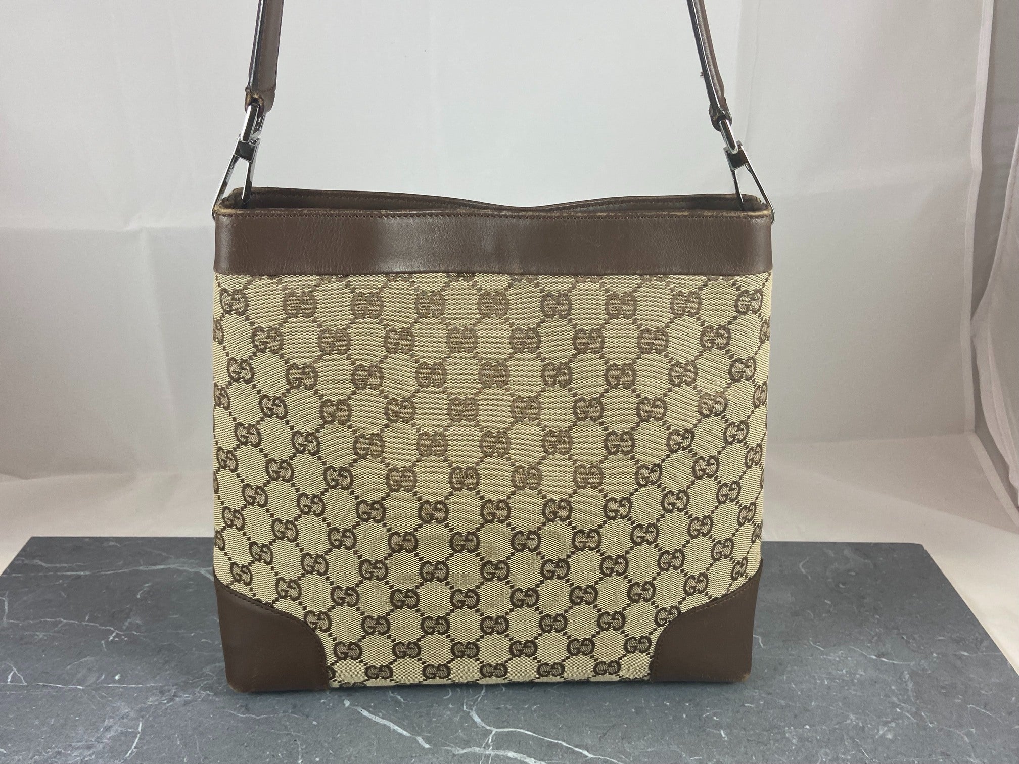 Gucci Hand / Hobo Bag Beige GG Monogram + Brown Leather