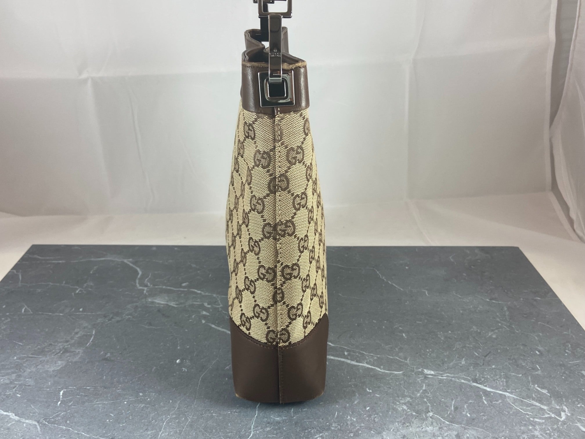 Gucci Hand / Hobo Bag Beige GG Monogram + Brown Leather