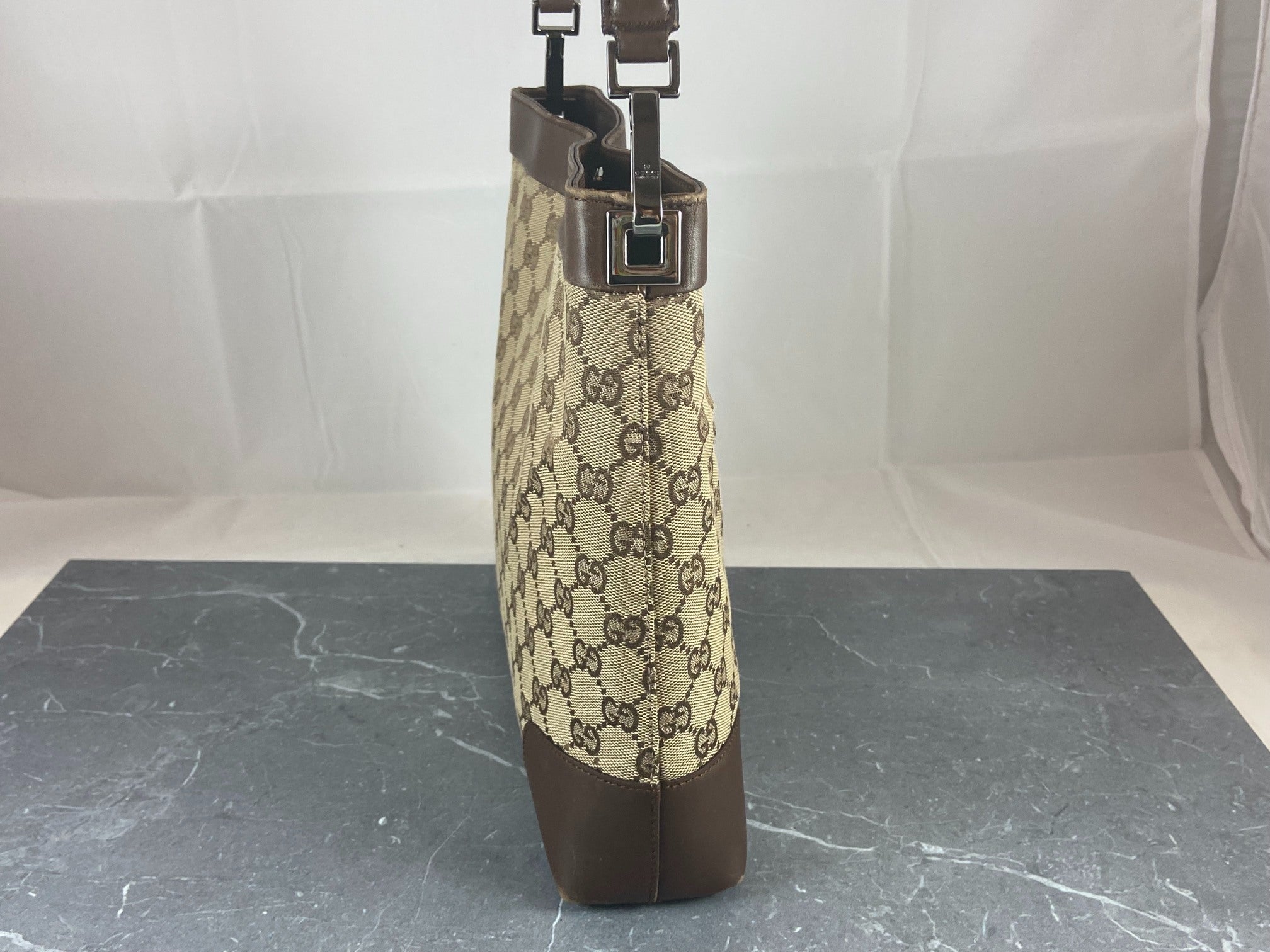 Gucci Hand / Hobo Bag Beige GG Monogram + Brown Leather