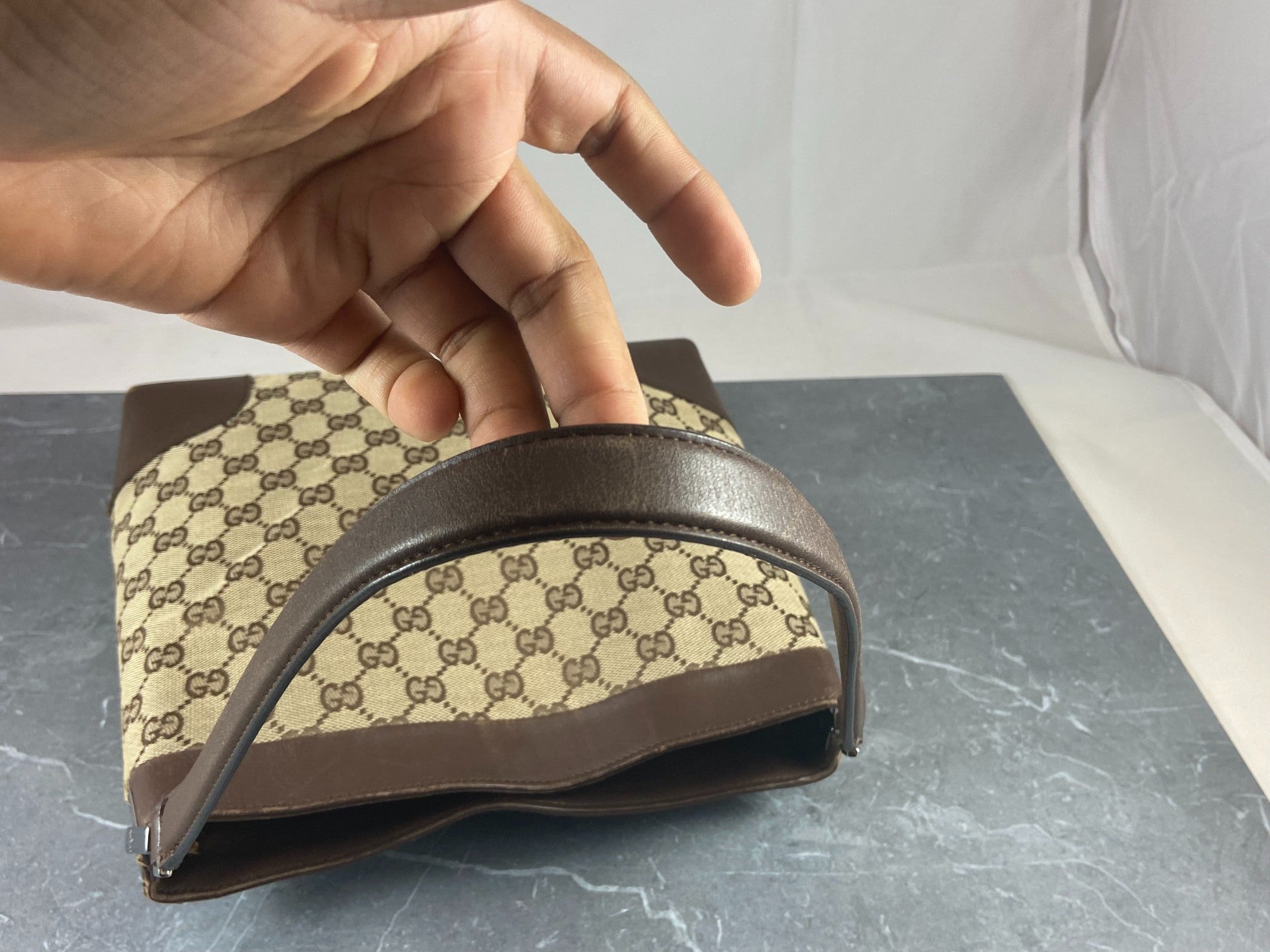 Gucci Hand / Hobo Bag Beige GG Monogram + Brown Leather