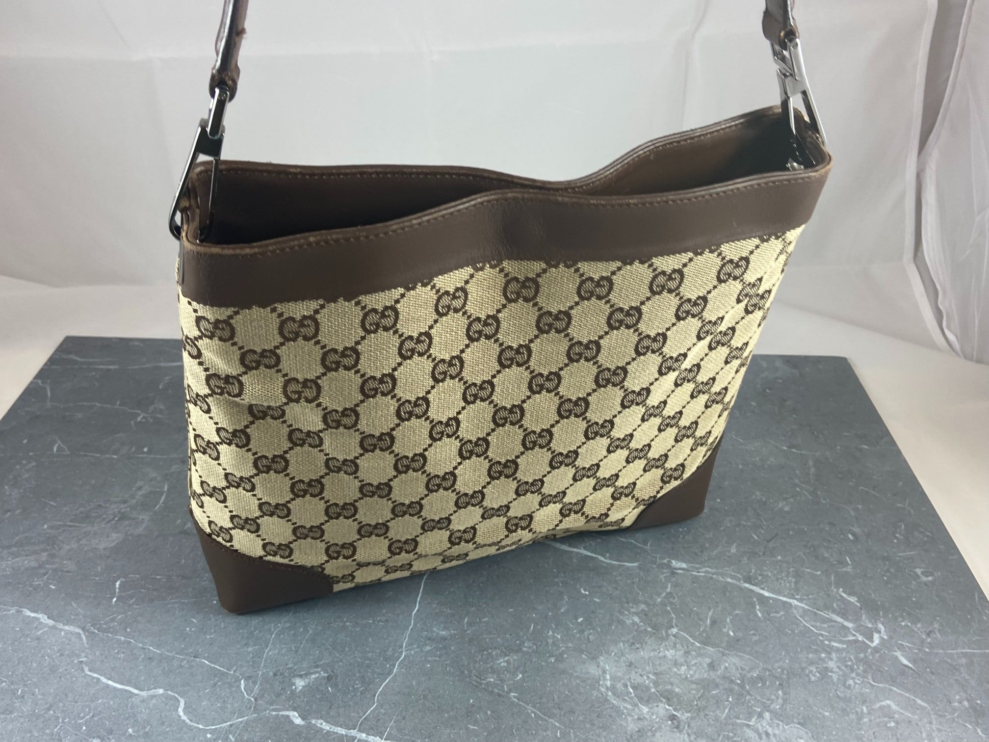 Gucci Hand / Hobo Bag Beige GG Monogram + Brown Leather