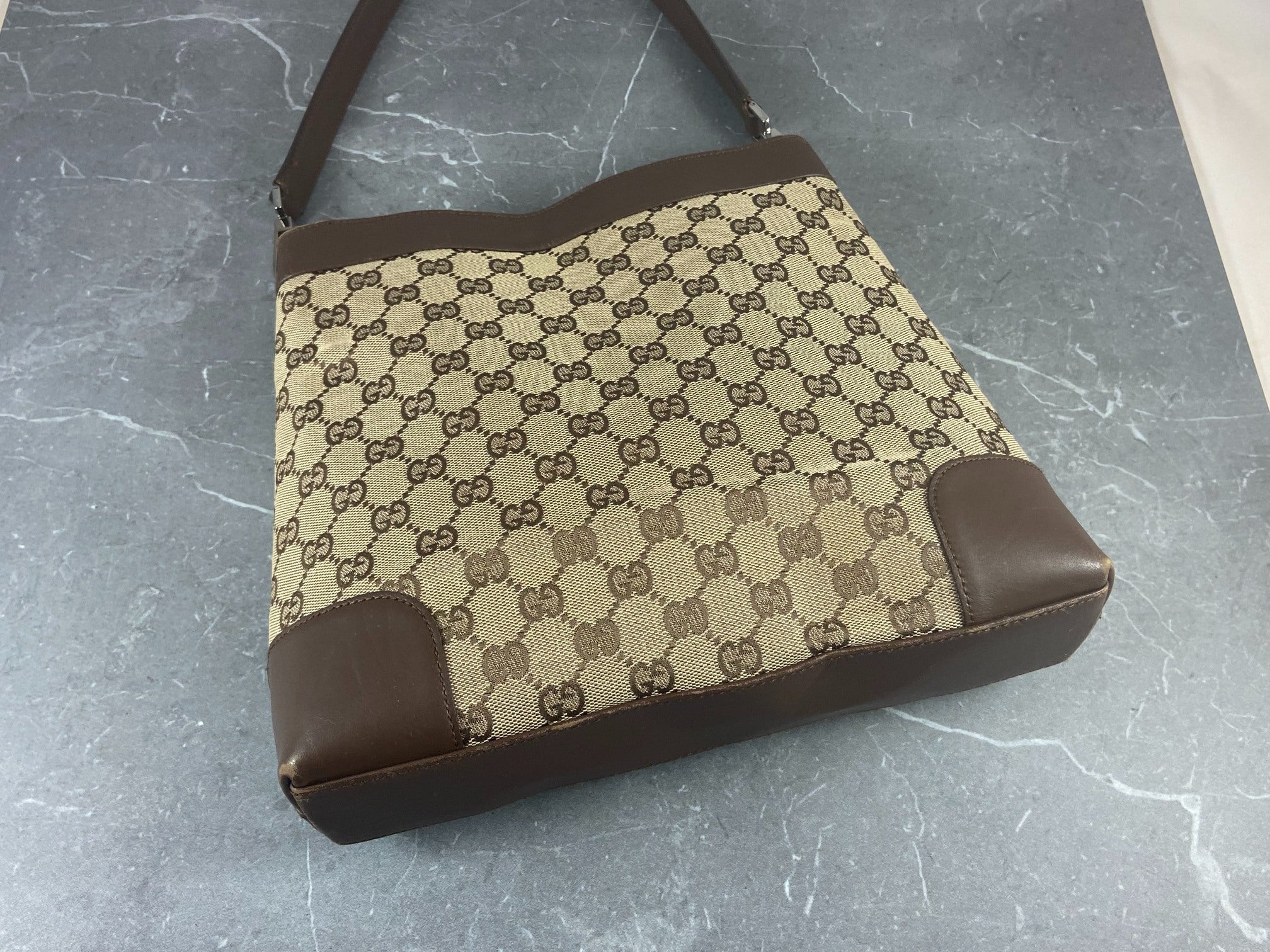 Gucci Hand / Hobo Bag Beige GG Monogram + Brown Leather