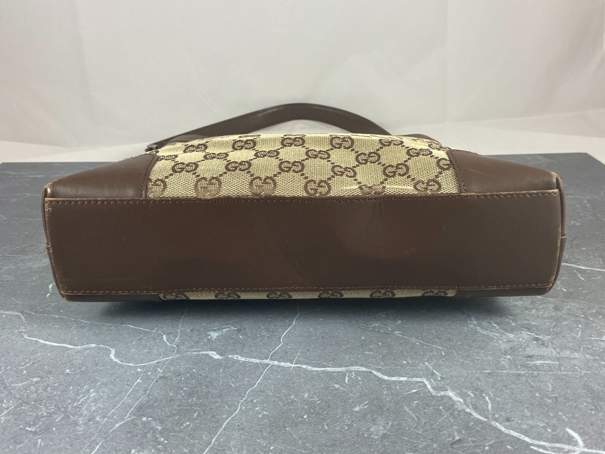 Gucci Hand / Hobo Bag Beige GG Monogram + Brown Leather