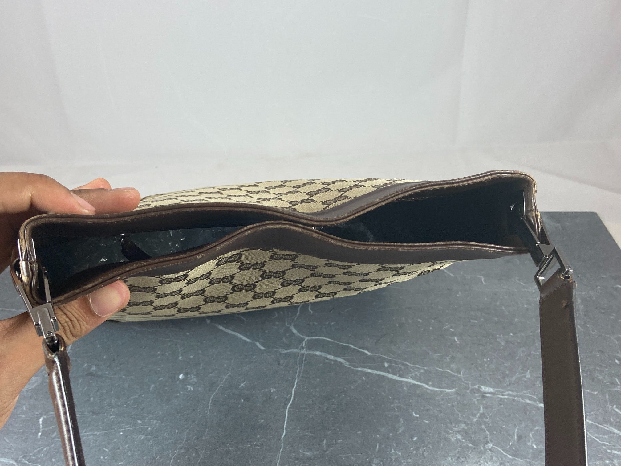 Gucci Hand / Hobo Bag Beige GG Monogram + Brown Leather