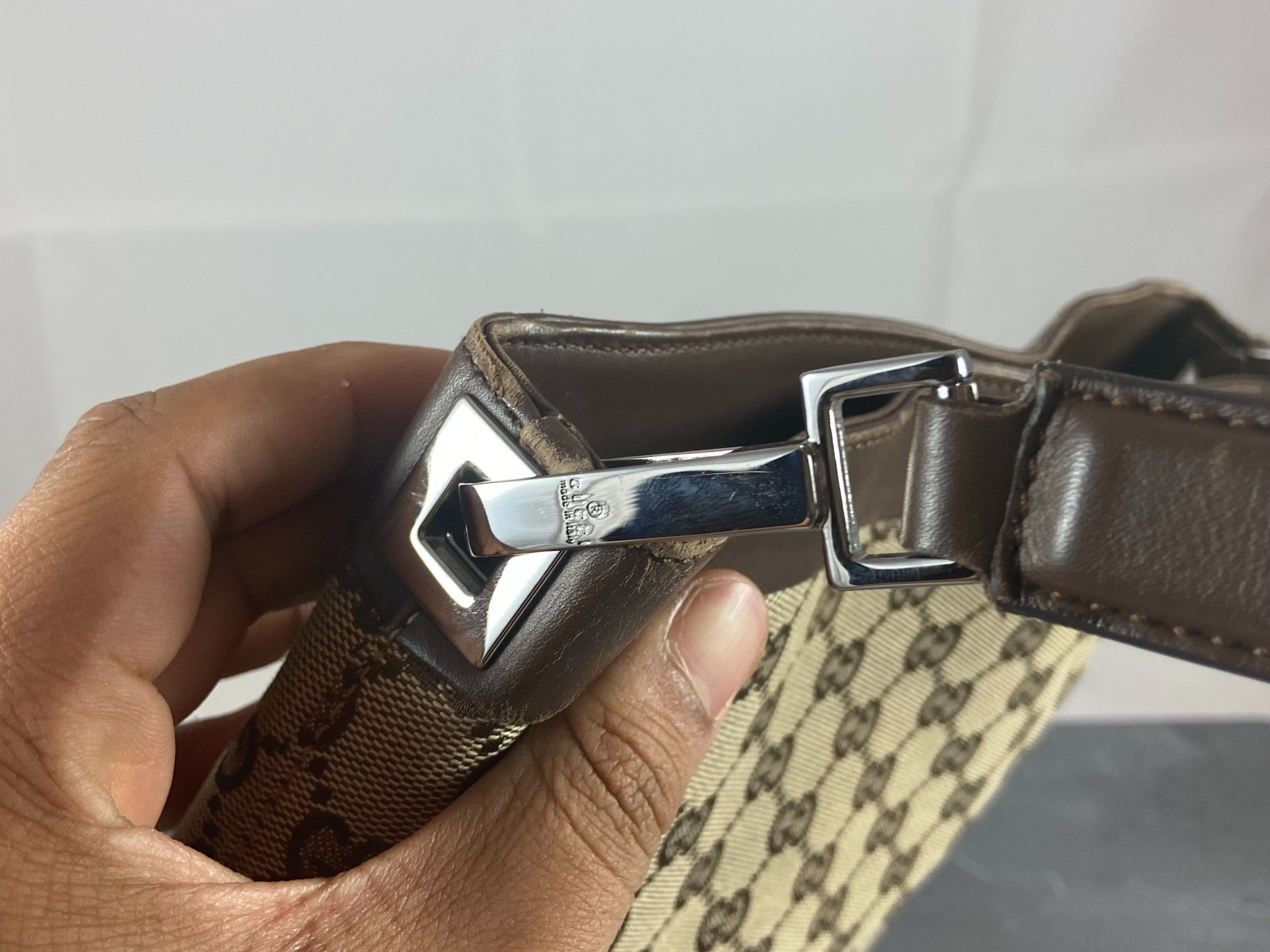 Gucci Hand / Hobo Bag Beige GG Monogram + Brown Leather