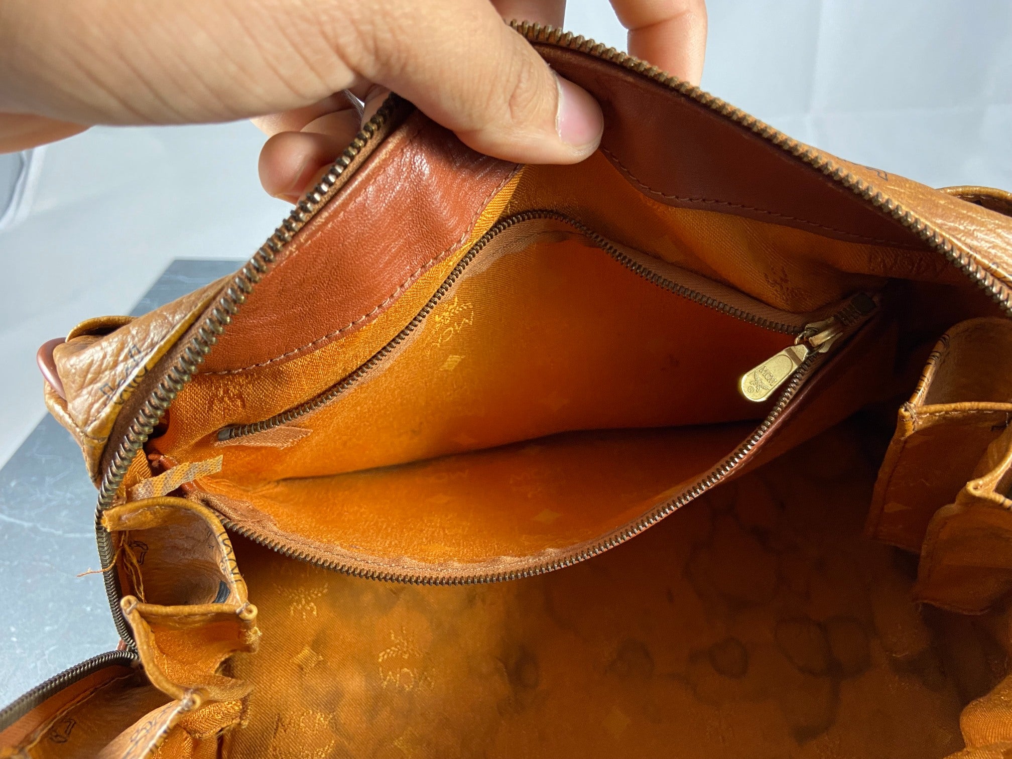 MCM Small Hand / Boston Bag Beige Visetos Cognac Monogram