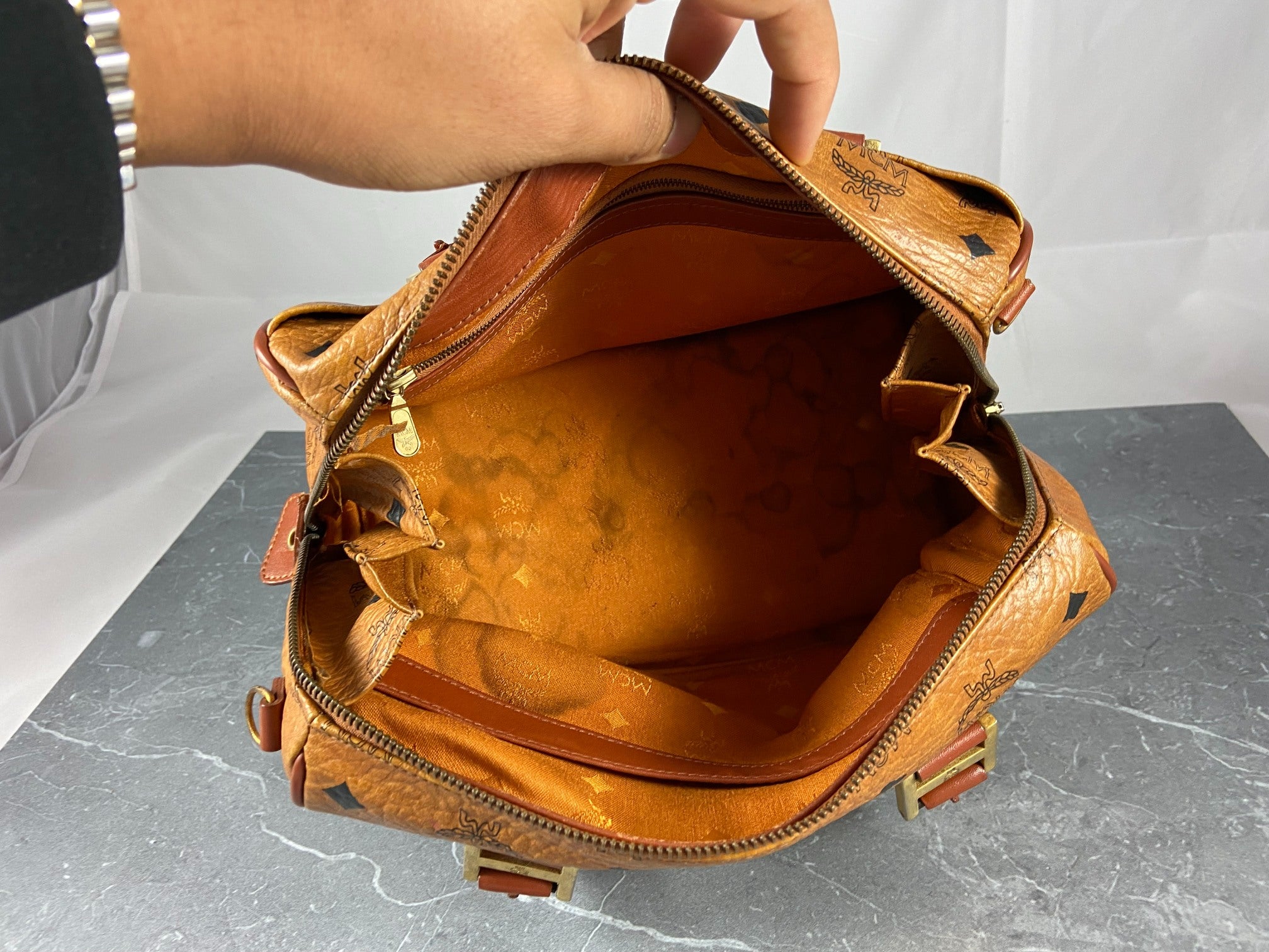 MCM Small Hand / Boston Bag Beige Visetos Cognac Monogram