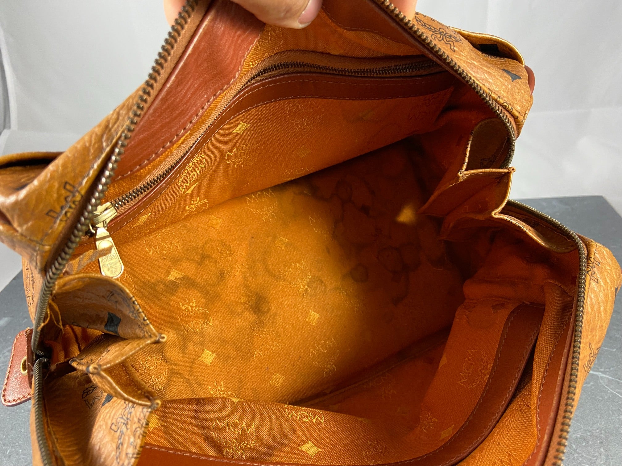 MCM Small Hand / Boston Bag Beige Visetos Cognac Monogram