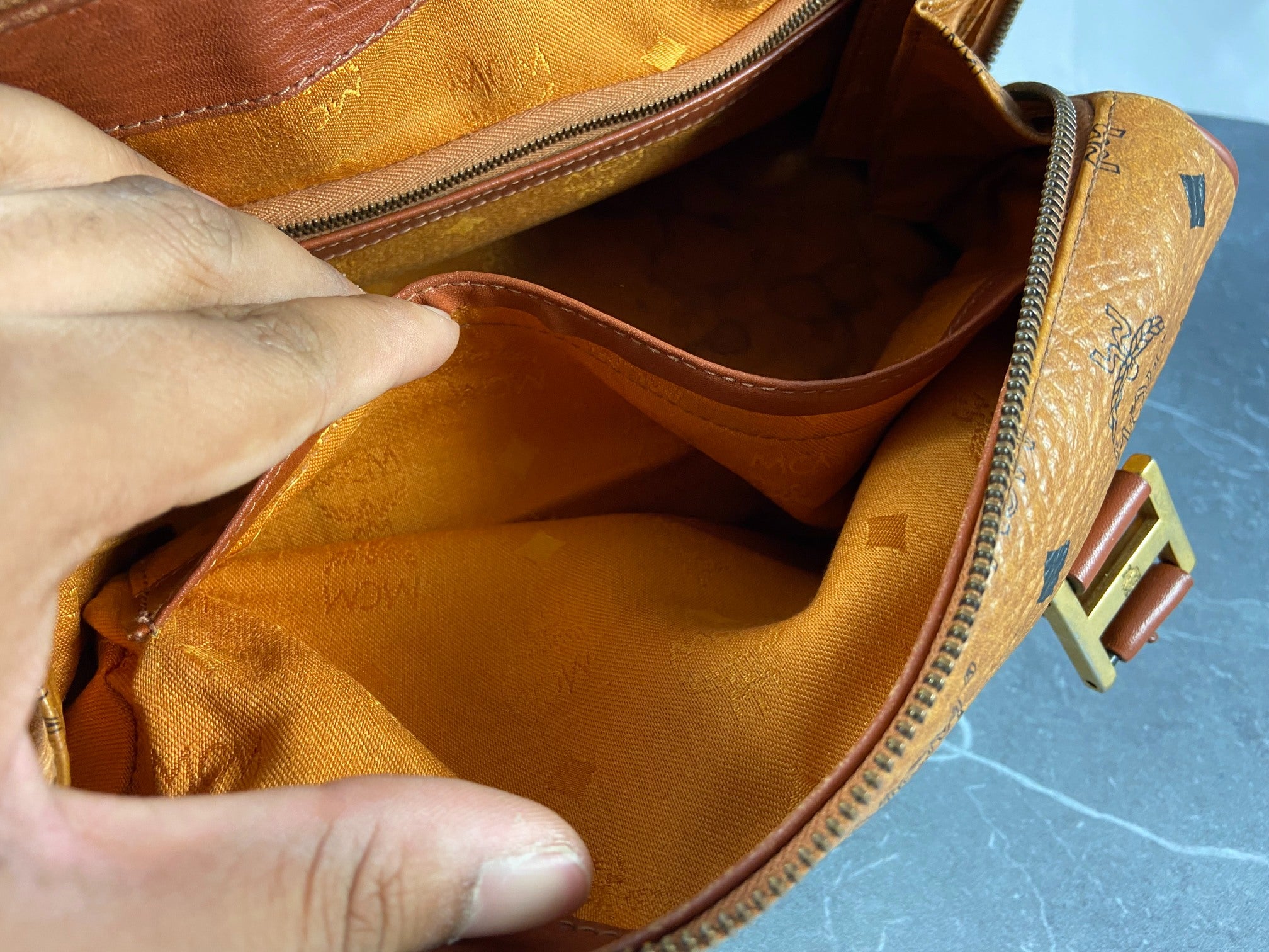 MCM Small Hand / Boston Bag Beige Visetos Cognac Monogram