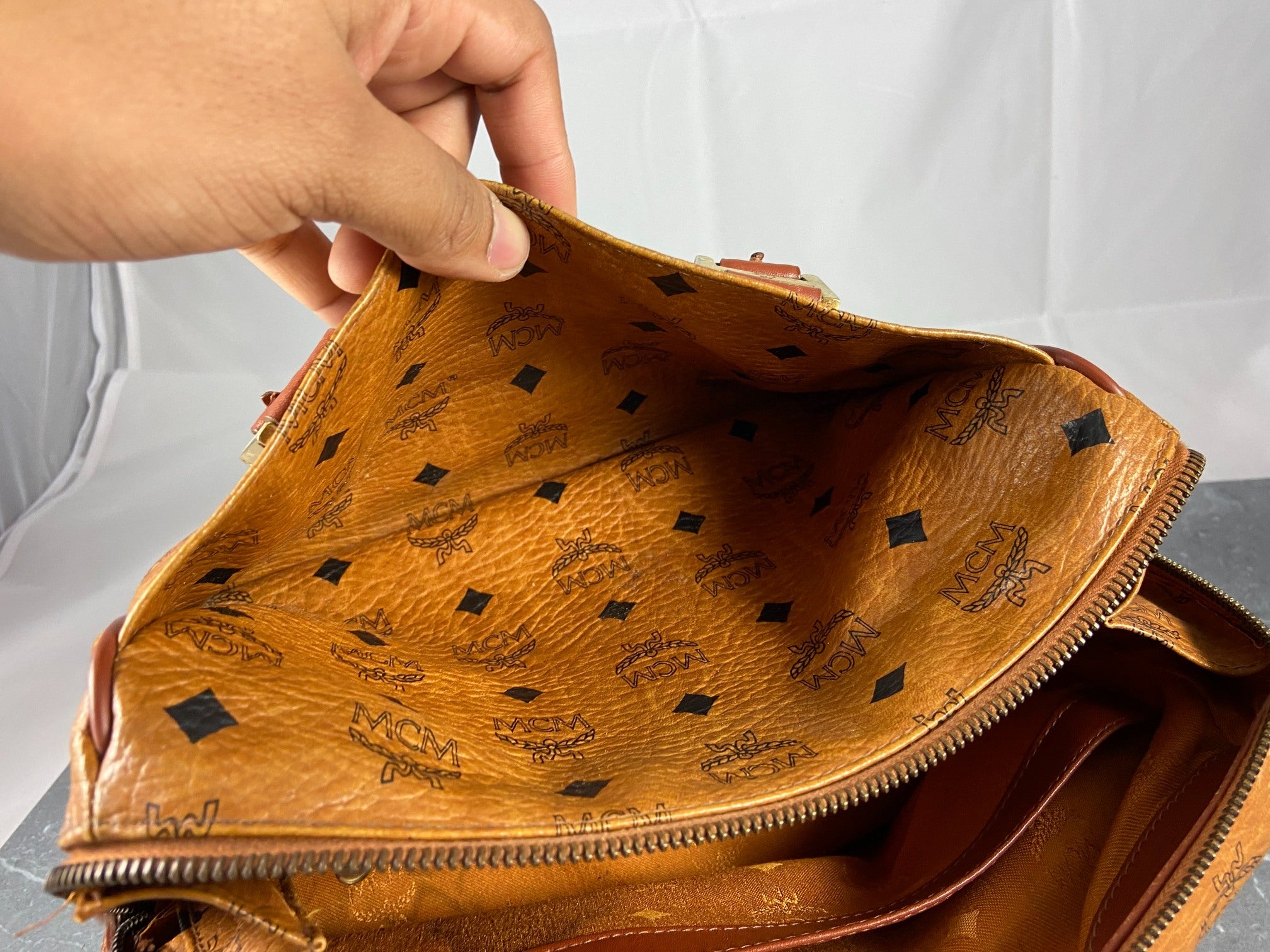 MCM Small Hand / Boston Bag Beige Visetos Cognac Monogram