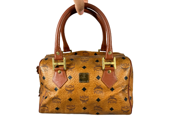 MCM Small Hand / Boston Bag Beige Visetos Cognac Monogram