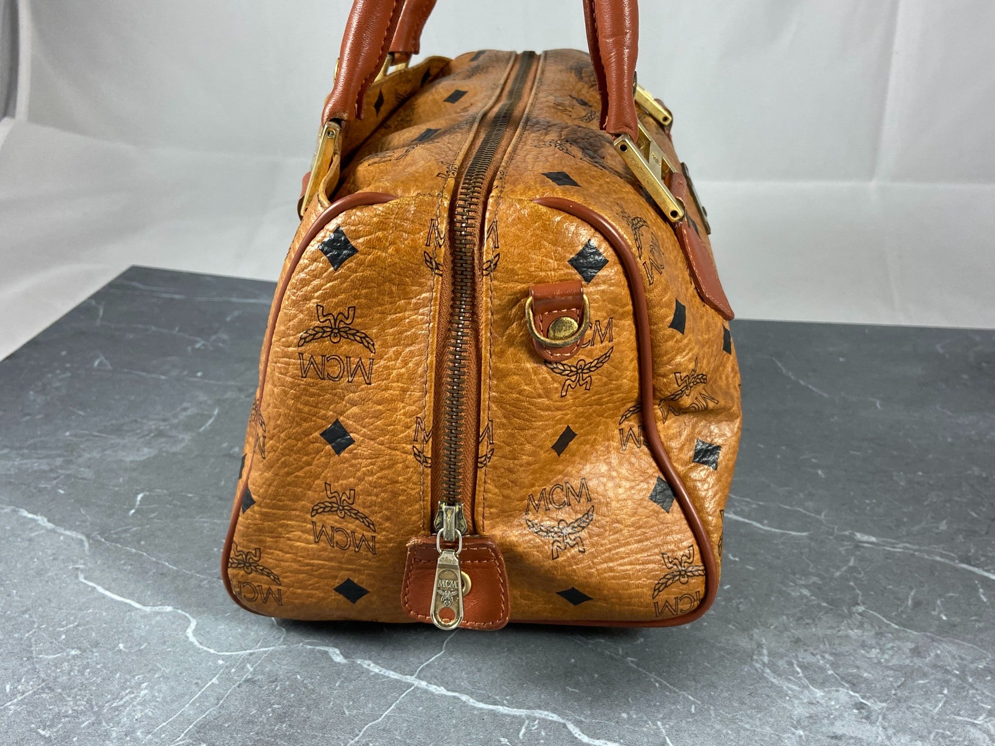 MCM Small Hand / Boston Bag Beige Visetos Cognac Monogram