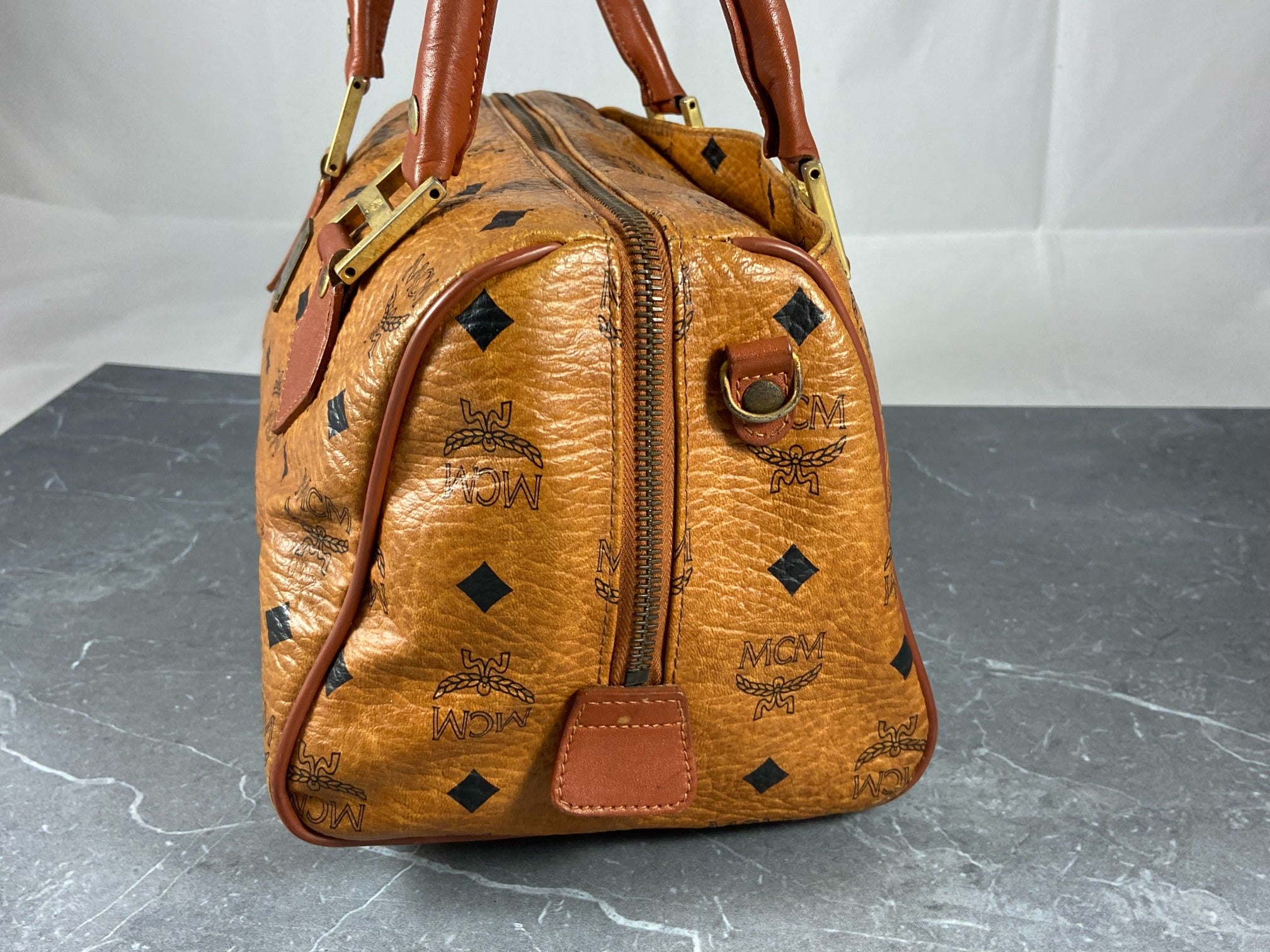 MCM Small Hand / Boston Bag Beige Visetos Cognac Monogram
