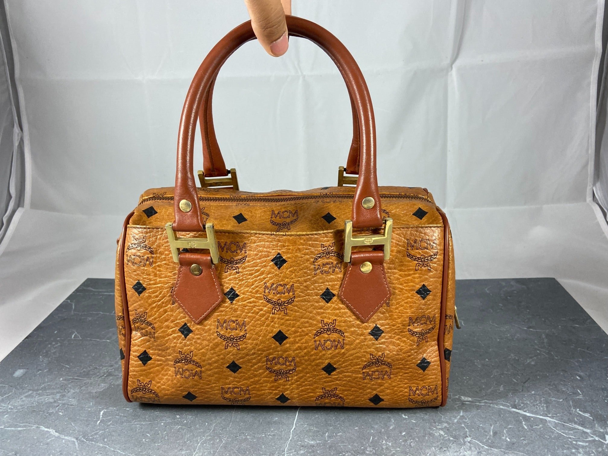 MCM Small Hand / Boston Bag Beige Visetos Cognac Monogram