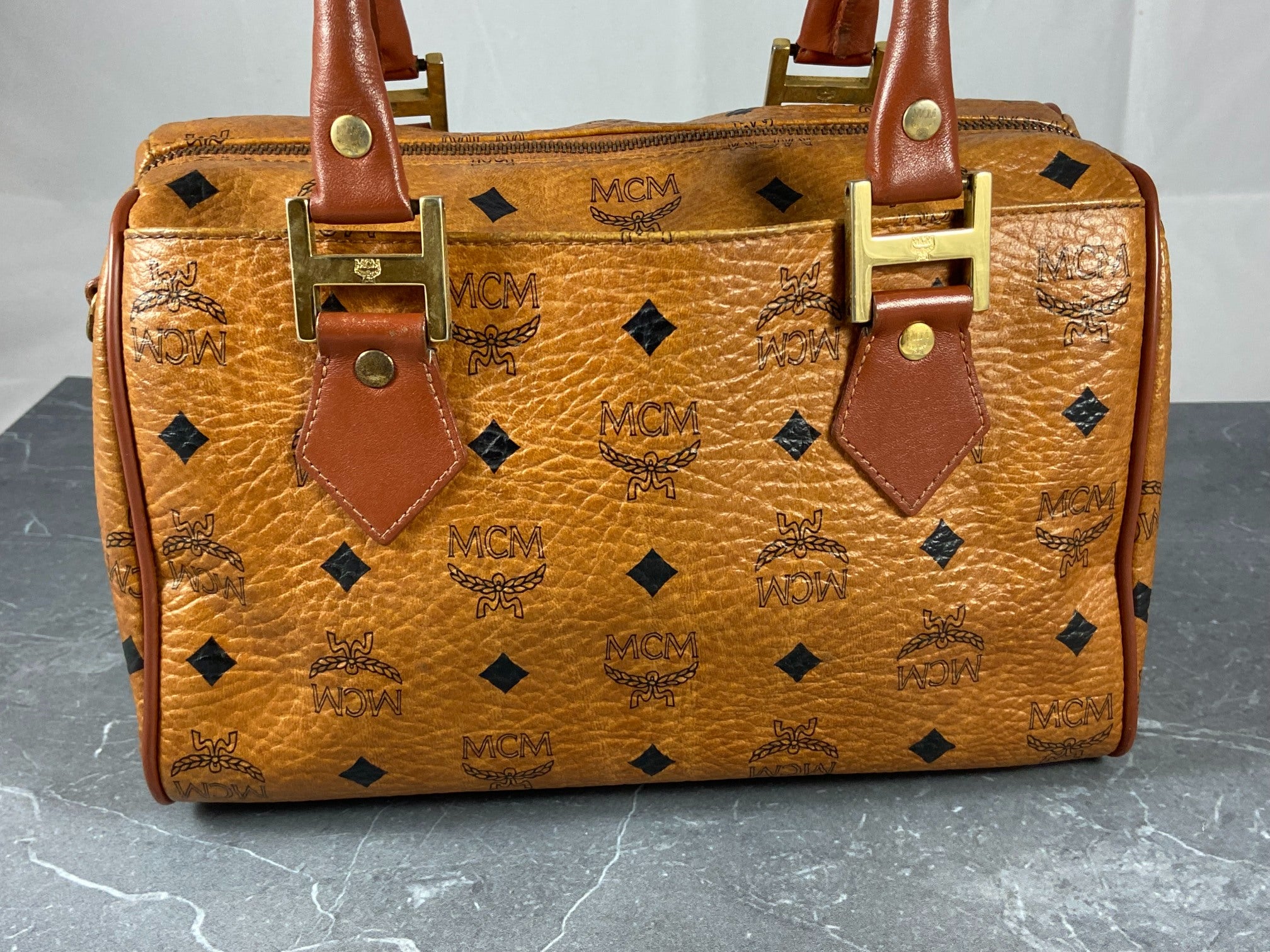 MCM Small Hand / Boston Bag Beige Visetos Cognac Monogram