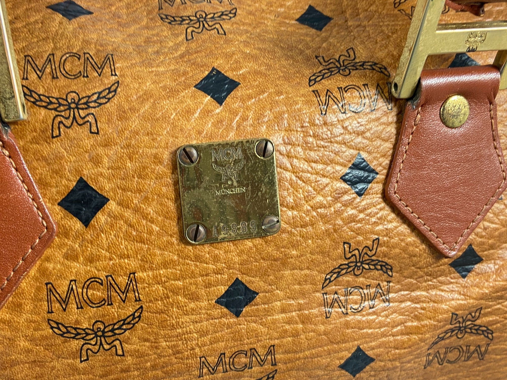 MCM Small Hand / Boston Bag Beige Visetos Cognac Monogram