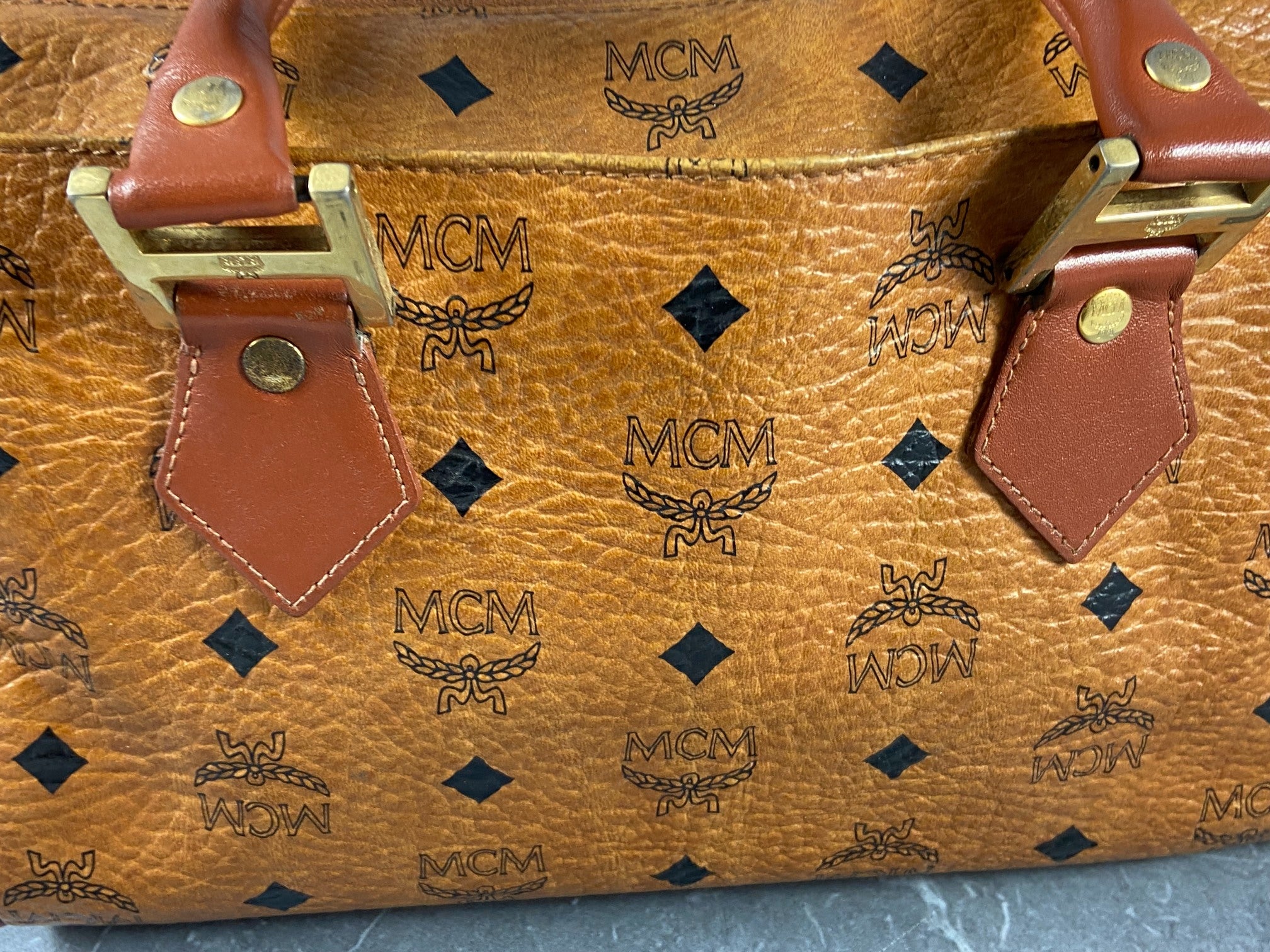 MCM Small Hand / Boston Bag Beige Visetos Cognac Monogram