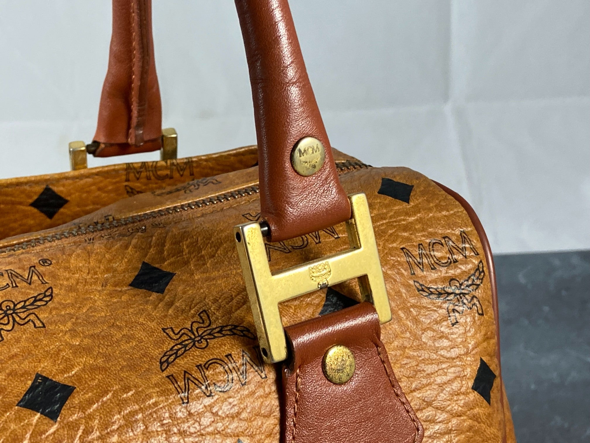 MCM Small Hand / Boston Bag Beige Visetos Cognac Monogram