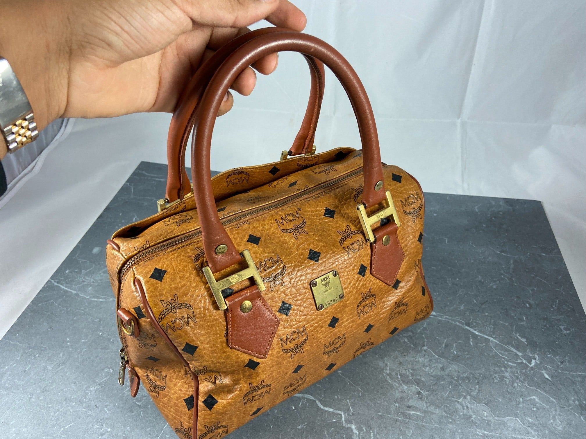 MCM Small Hand / Boston Bag Beige Visetos Cognac Monogram