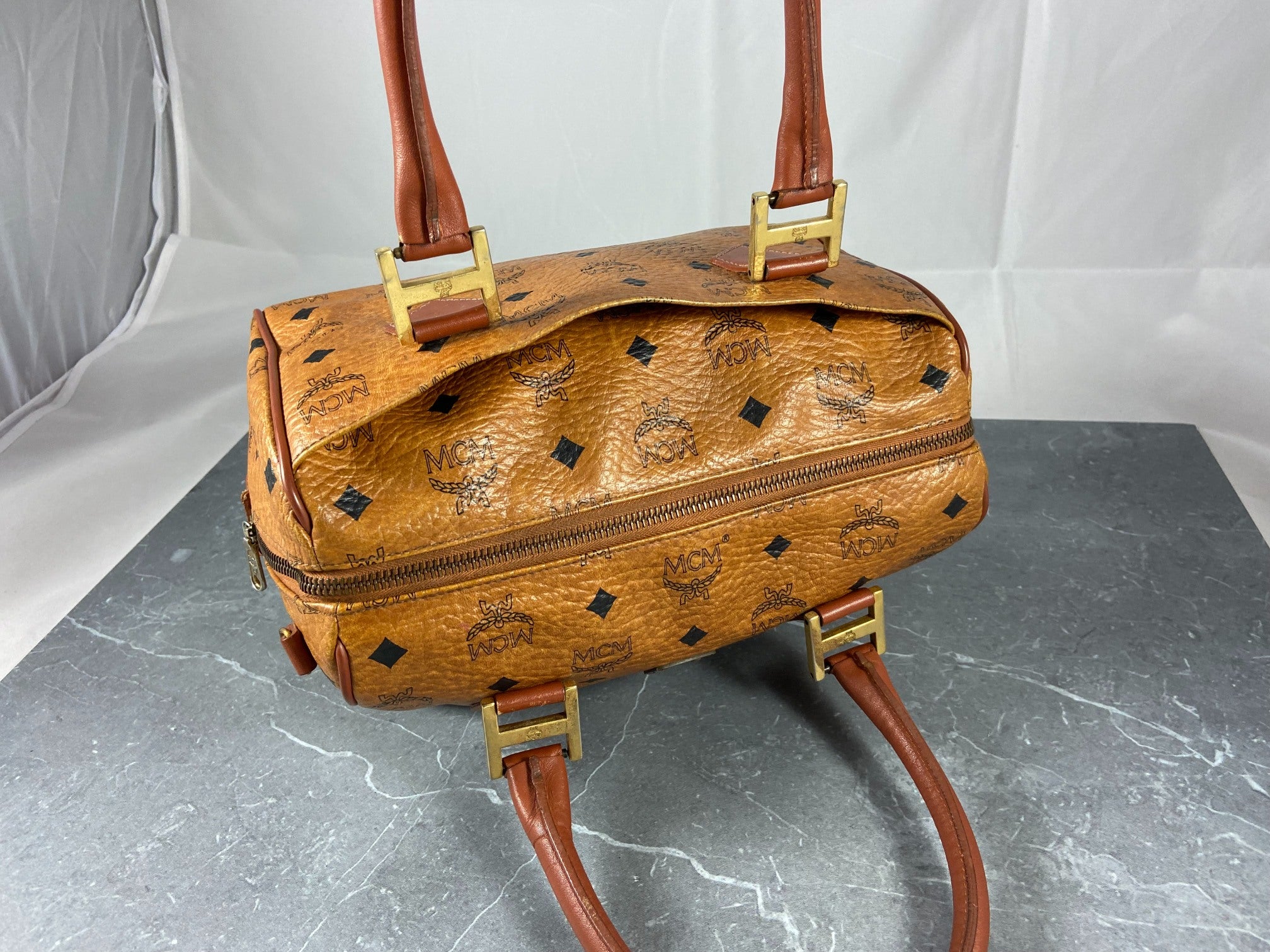 MCM Small Hand / Boston Bag Beige Visetos Cognac Monogram